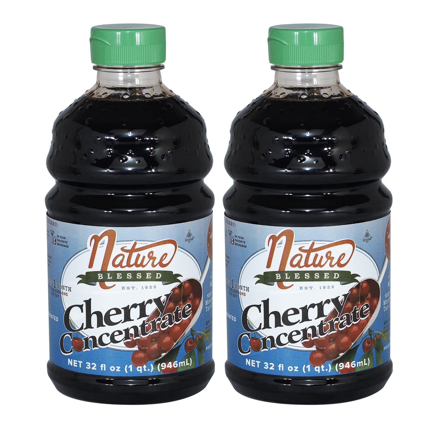 Nature Blessed 100% Pure Tart Cherry Concentrate - 2 Quarts (Two 32oz Bottles), Refreshing by itself or in Smoothie, All Natural, No added Sugar or