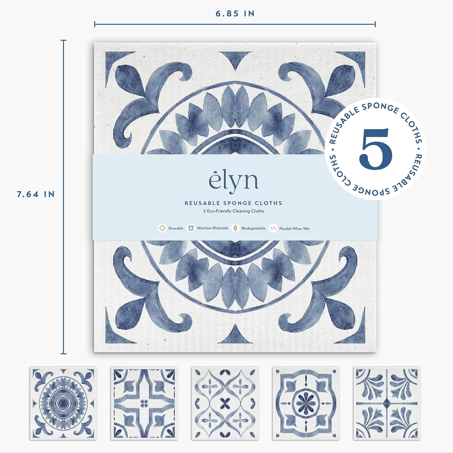 ELYN Swedish Dishcloths, Reusable & Washable Sponge Cloths, Absorbent Cleaning Paper Towels for Kitchen, Dishes, Counters and More, 5 Pack, Assorted