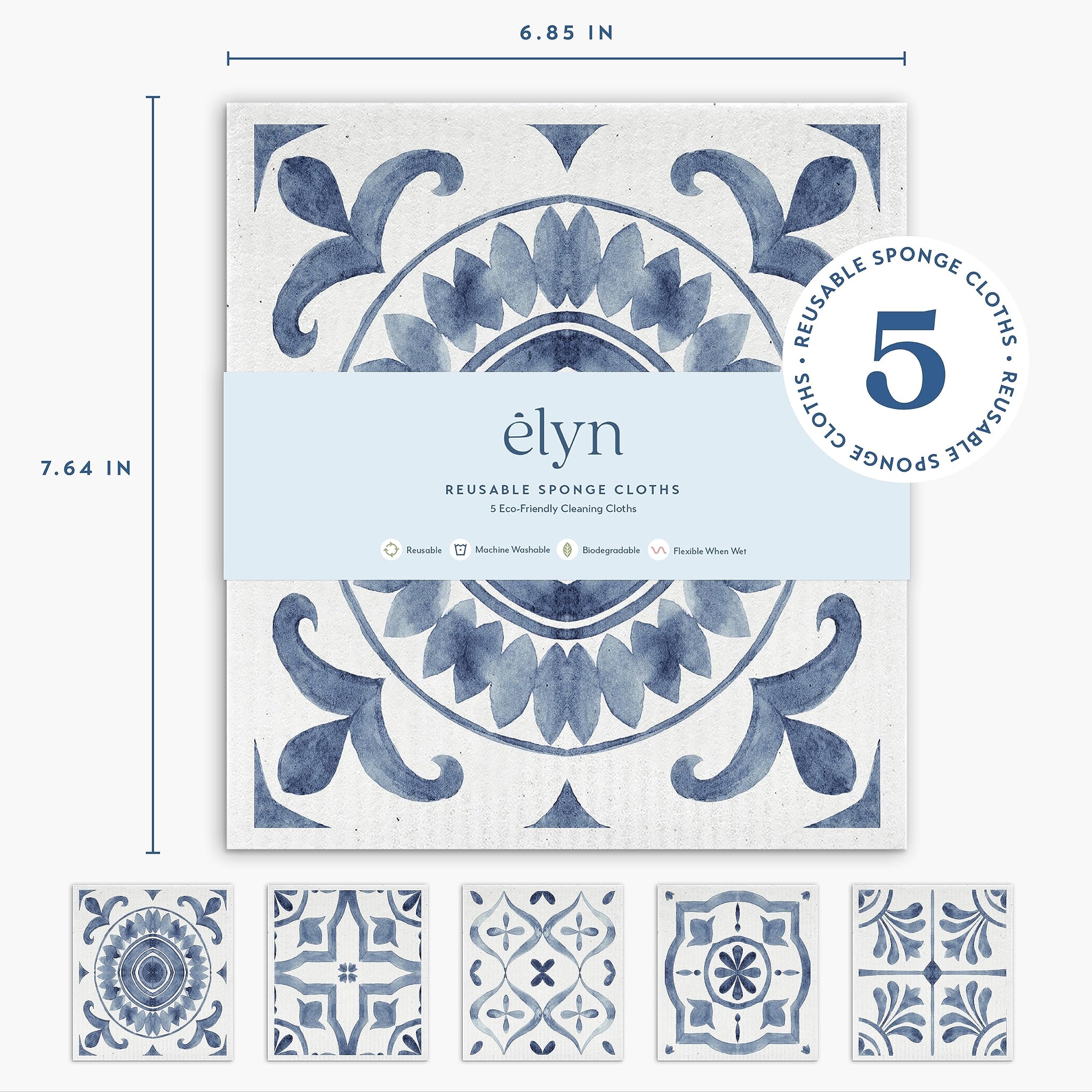 ELYN Swedish Dishcloths, Reusable & Washable Sponge Cloths, Absorbent Cleaning Paper Towels for Kitchen, Dishes, Counters and More, 5 Pack, Assorted