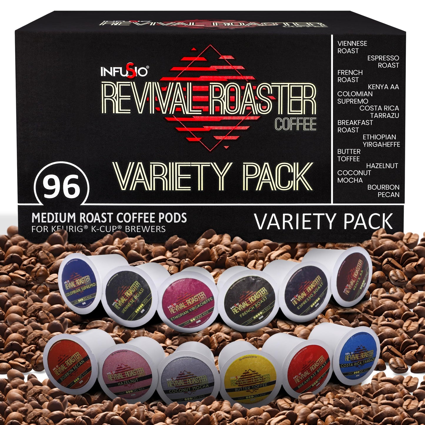 InfuSio Coffee Pods Variety Pack - 96 Count, 12 Crafted Medium & Dark Roast Blends and Artisan-Inspired Flavors Like Bourbon Pecan & Butter Toffee