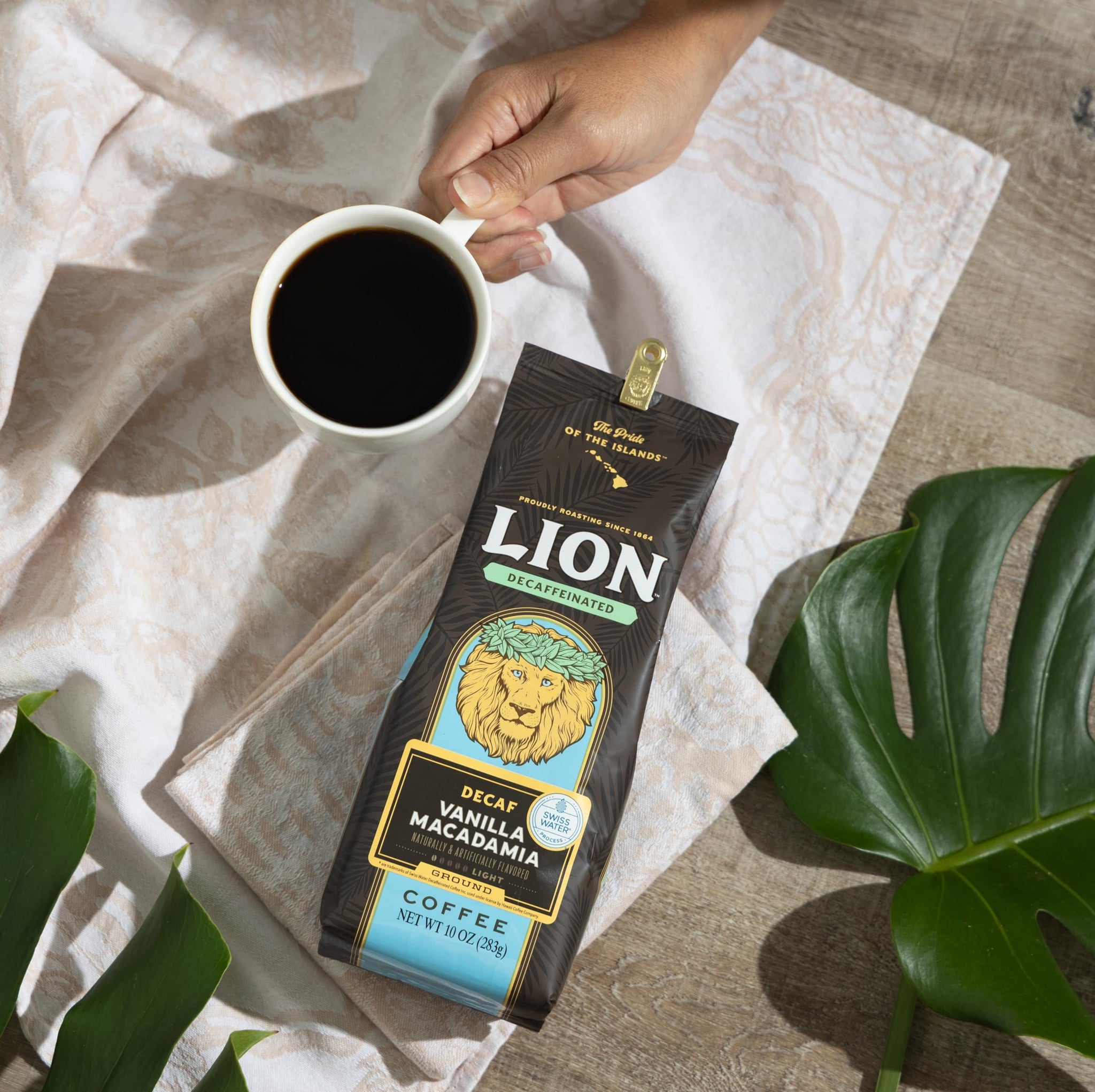Lion Coffee 3-Pack DECAF Vanilla Macadamia Flavored Ground Coffee, Swiss Water DECAF Light Roast, Hawaiian Inspired Taste - 10 Ounce Bags (Pack