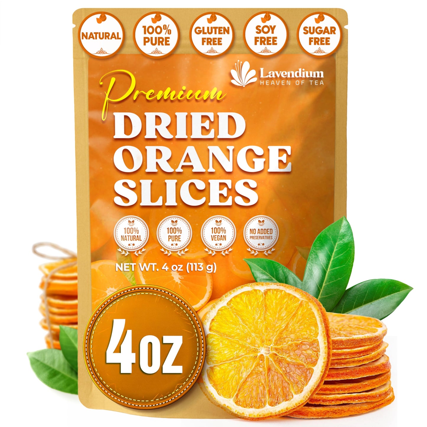 Lavendium, Premium 4oz Dried Orange Slices, 100% Natural & Pure, No Additives or Preservatives, Non-GMO, Plant-Based & Vegan, Perfect for Tea