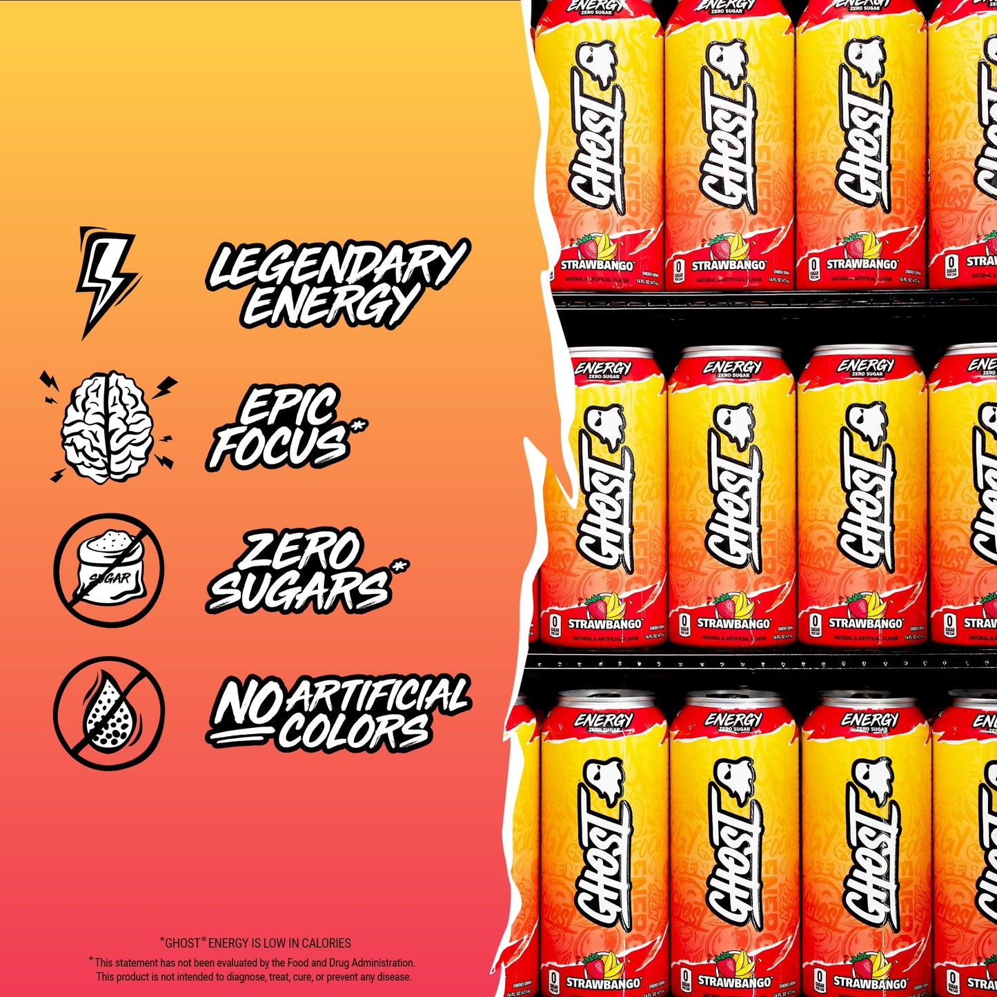 GHOST Energy Drink - 12-Pack, Strawbango, 16oz - Energy & Focus & No Artificial Colors - 200mg of Natural Caffeine, L-Carnitine & Taurine