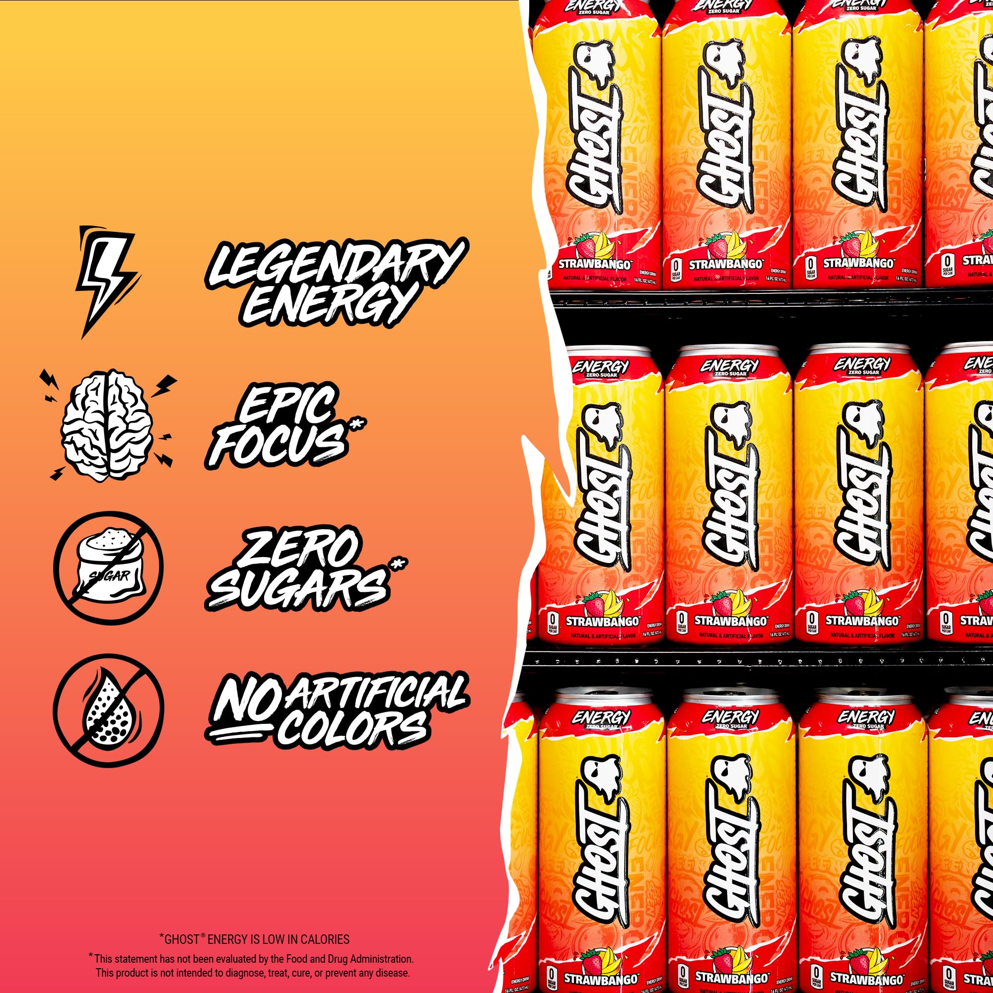 GHOST Energy Drink - 12-Pack, Strawbango, 16oz - Energy & Focus & No Artificial Colors - 200mg of Natural Caffeine, L-Carnitine & Taurine