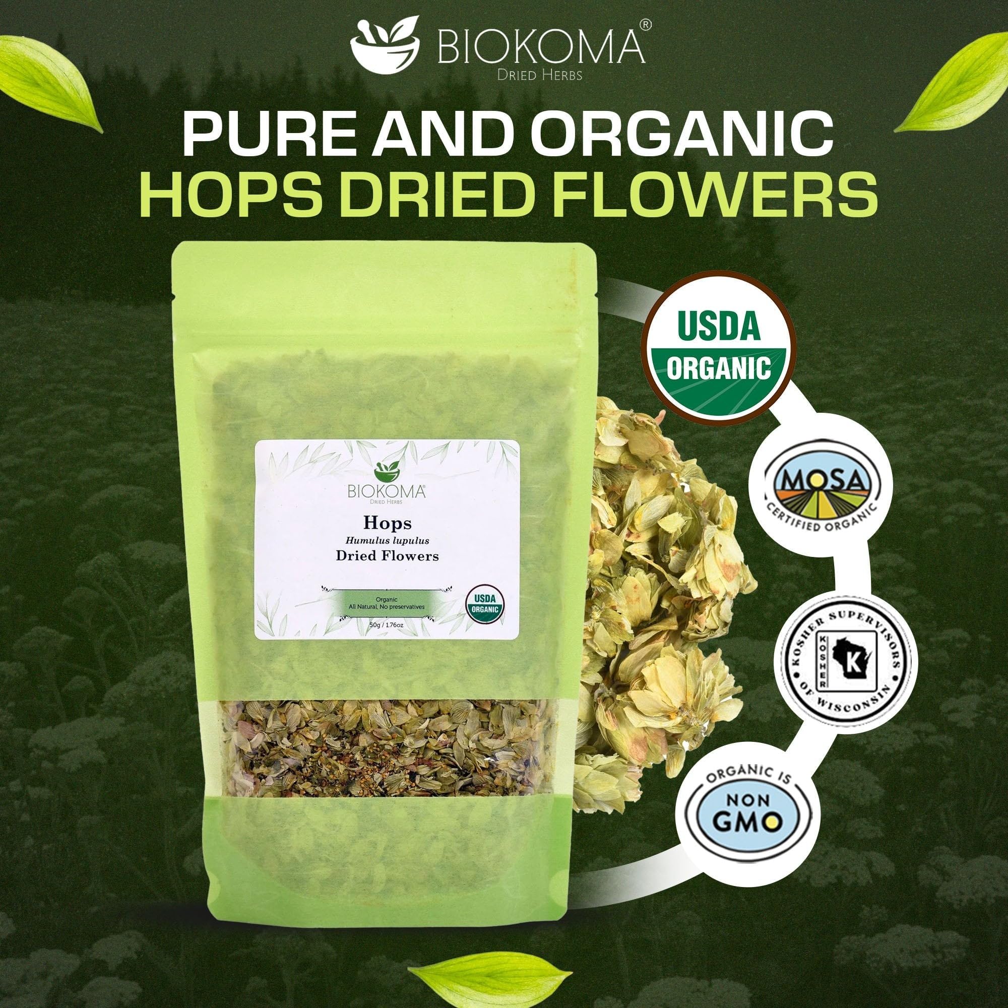 Biokoma Organic Hops Dried Flowers 1.76oz - USDA Organic Herbal Tea - Dried Humulus lupulus Loose Flowers - Resealable Moisture Proof Pouch - No