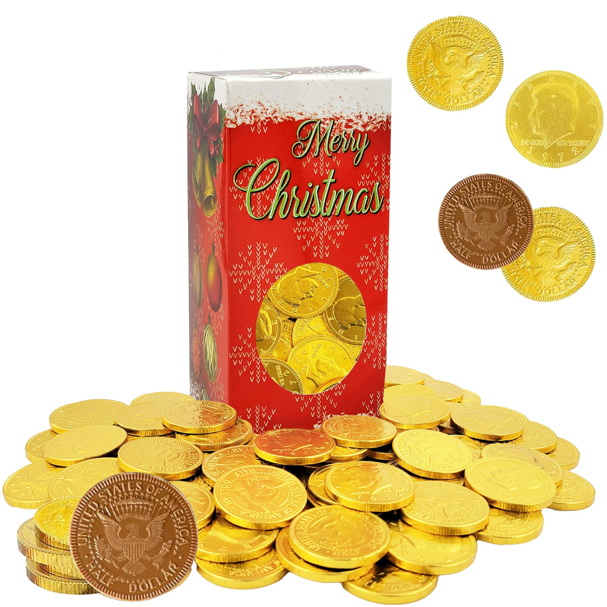 Fruidles 1-LB Christmas Premium Belgian Milk Chocolate Gold Coins, Half Dollar Design Candy Stocking Stuffers, Nut-Free, Candy, 1Lb Box