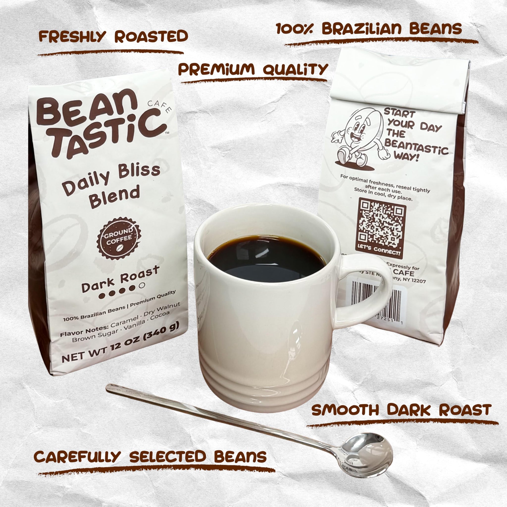 Beantastic Cafe Daily Bliss Blend Dark Roast Ground Coffee/Whole Bean Coffee, 100% Brazilian Beans, Smooth & Bold Flavor, 12 oz Bag (Whole Bean)