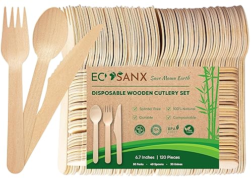 ECOSANX® 120 PCs Disposable Wooden Cutlery set 6.3" Splinter Free Compostable Utensils for party, Eco-Friendly, 100% All-Natural Bamboo Utensils set