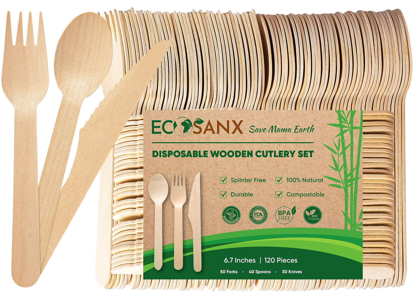 ECOSANX® 120 PCs Disposable Wooden Cutlery set 6.3" Splinter Free Compostable Utensils for party, Eco-Friendly, 100% All-Natural Bamboo Utensils set