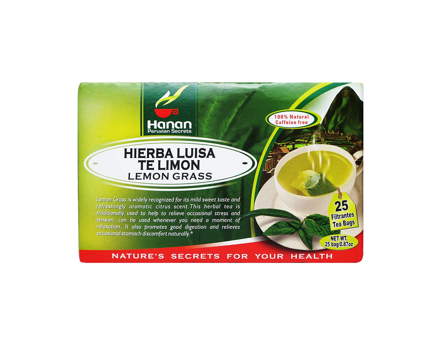 Hanan Peruvian Secrets Hierba Luisa Te Limon | 100% Natural Lemon Grass | 25 Tea Bags | Naturally Aids in Relieving Occasional Stress, Tension |