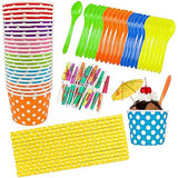 12 Ounce Disposable Paper Treat Cups Ice Cream Bowls -Plastic Spoons - Paper Straws - Ice Cream Sundae Kit for 24 - Blue, Pink, Orange, Yellow, Green