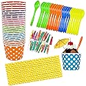 12 Ounce Disposable Paper Treat Cups Ice Cream Bowls -Plastic Spoons - Paper Straws - Ice Cream Sundae Kit for 24 - Blue, Pink, Orange, Yellow, Green