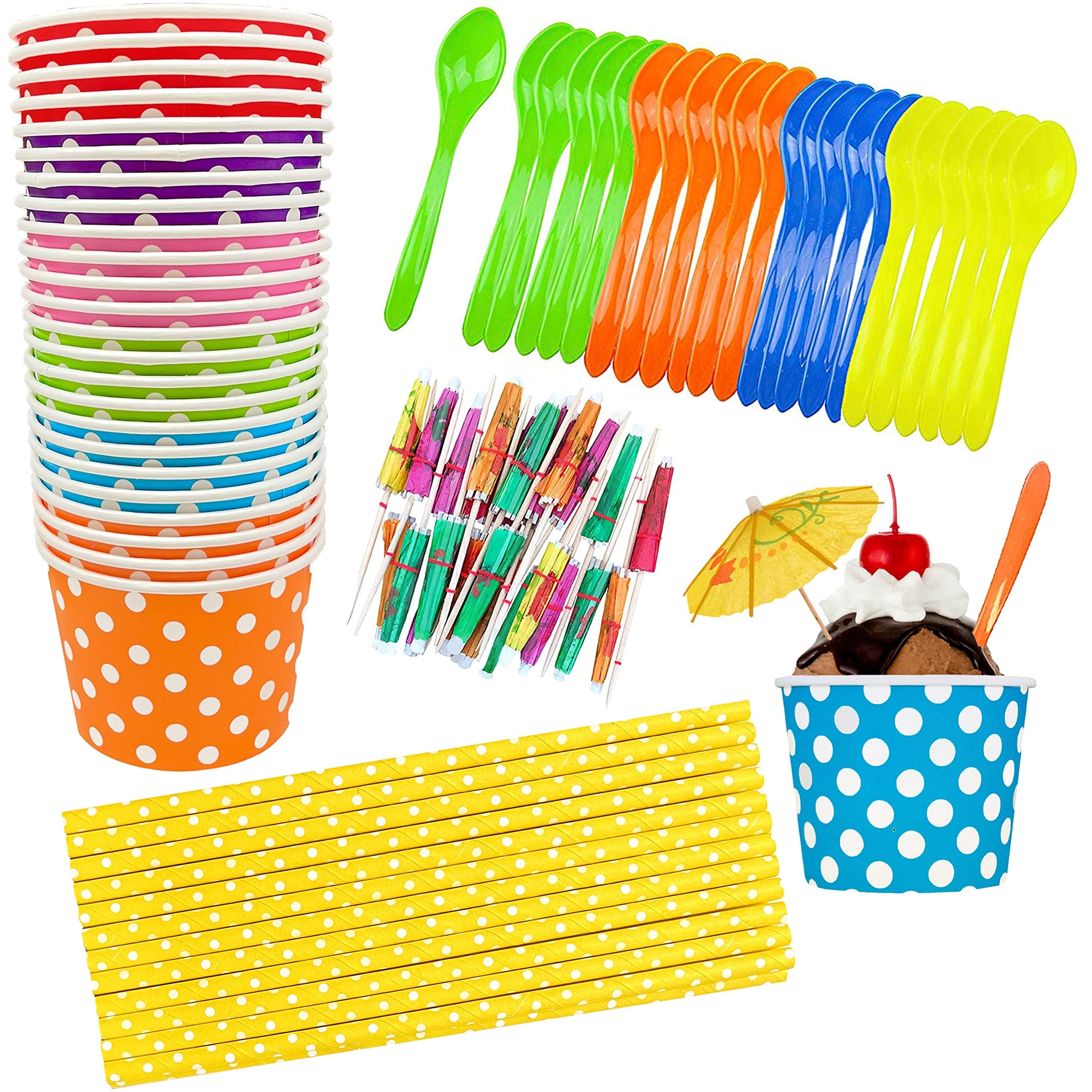 12 Ounce Disposable Paper Treat Cups Ice Cream Bowls -Plastic Spoons - Paper Straws - Ice Cream Sundae Kit for 24 - Blue, Pink, Orange, Yellow, Green