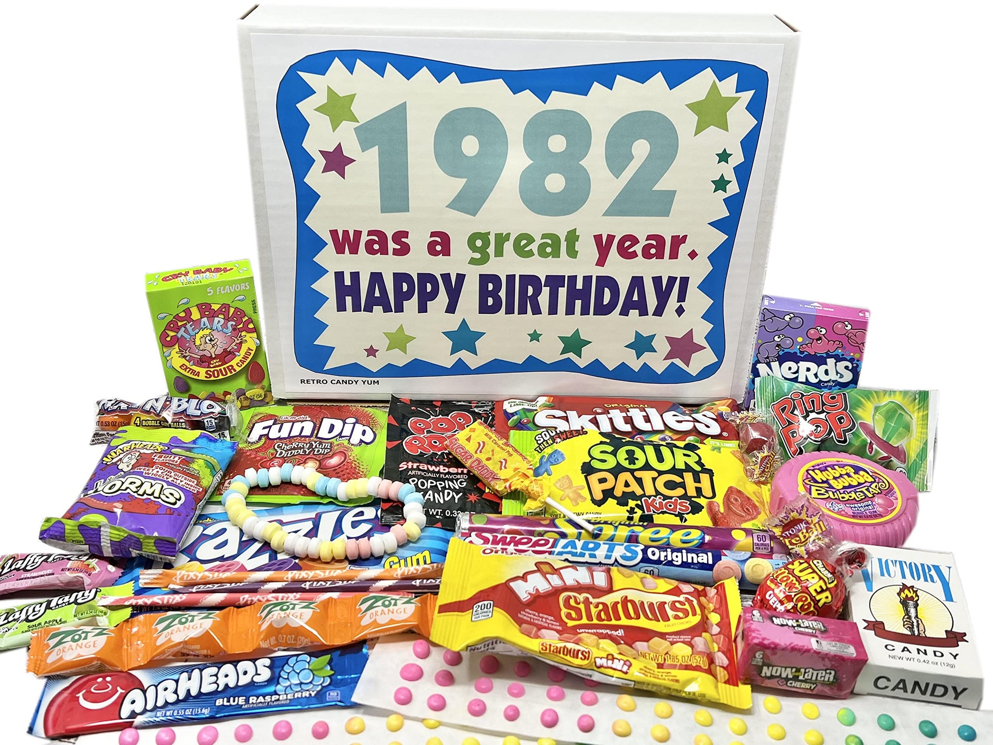 RETRO CANDY YUM ~ 1982 44th Birthday Gift Box of Nostalgic Candy from Childhood for 44 Year Old Man or Woman Born 1982