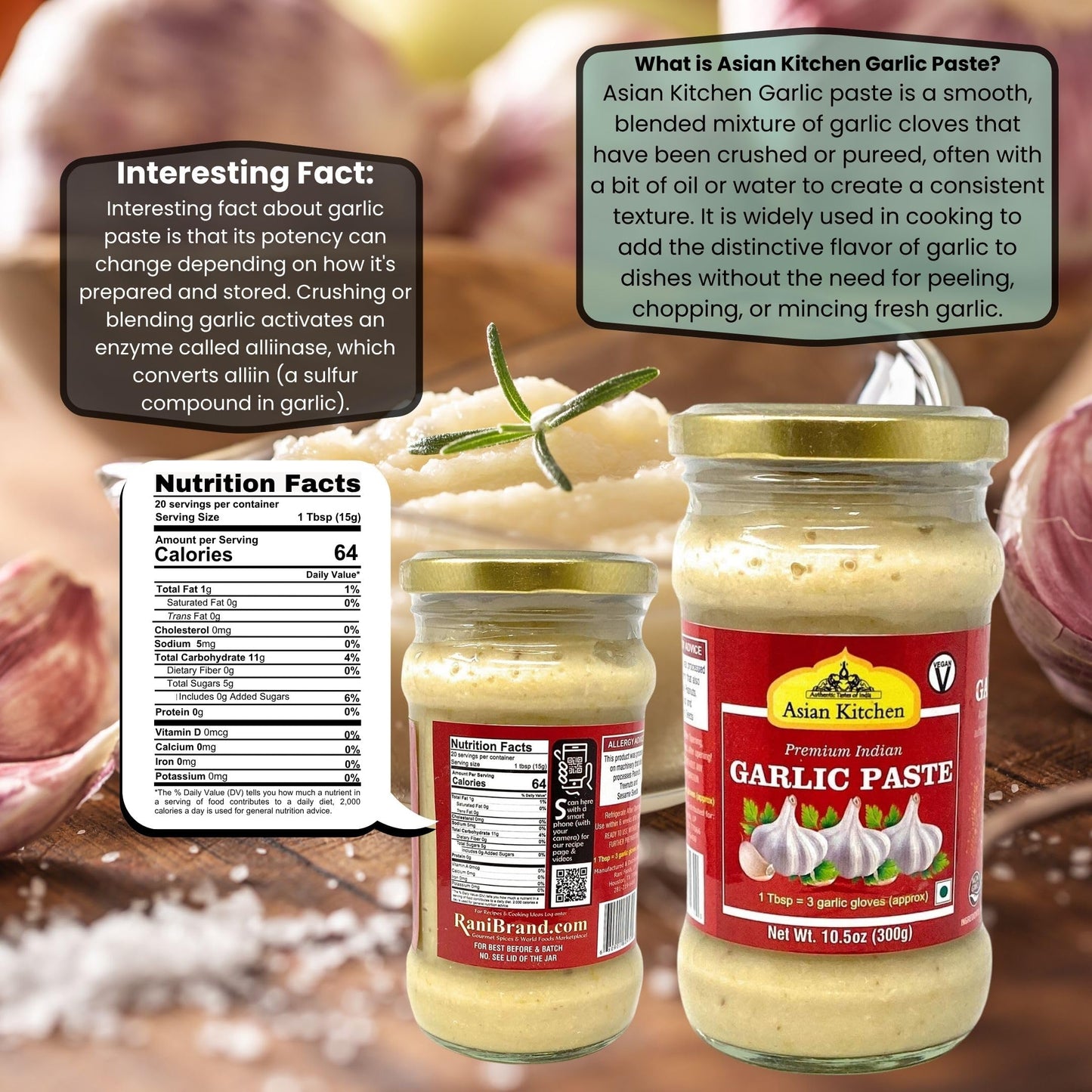Asian Kitchen Garlic Cooking Paste 10.5oz (300g) Glass Jar ~ Vegan | Gluten Free | NON-GMO | No Colors | Indian Origin