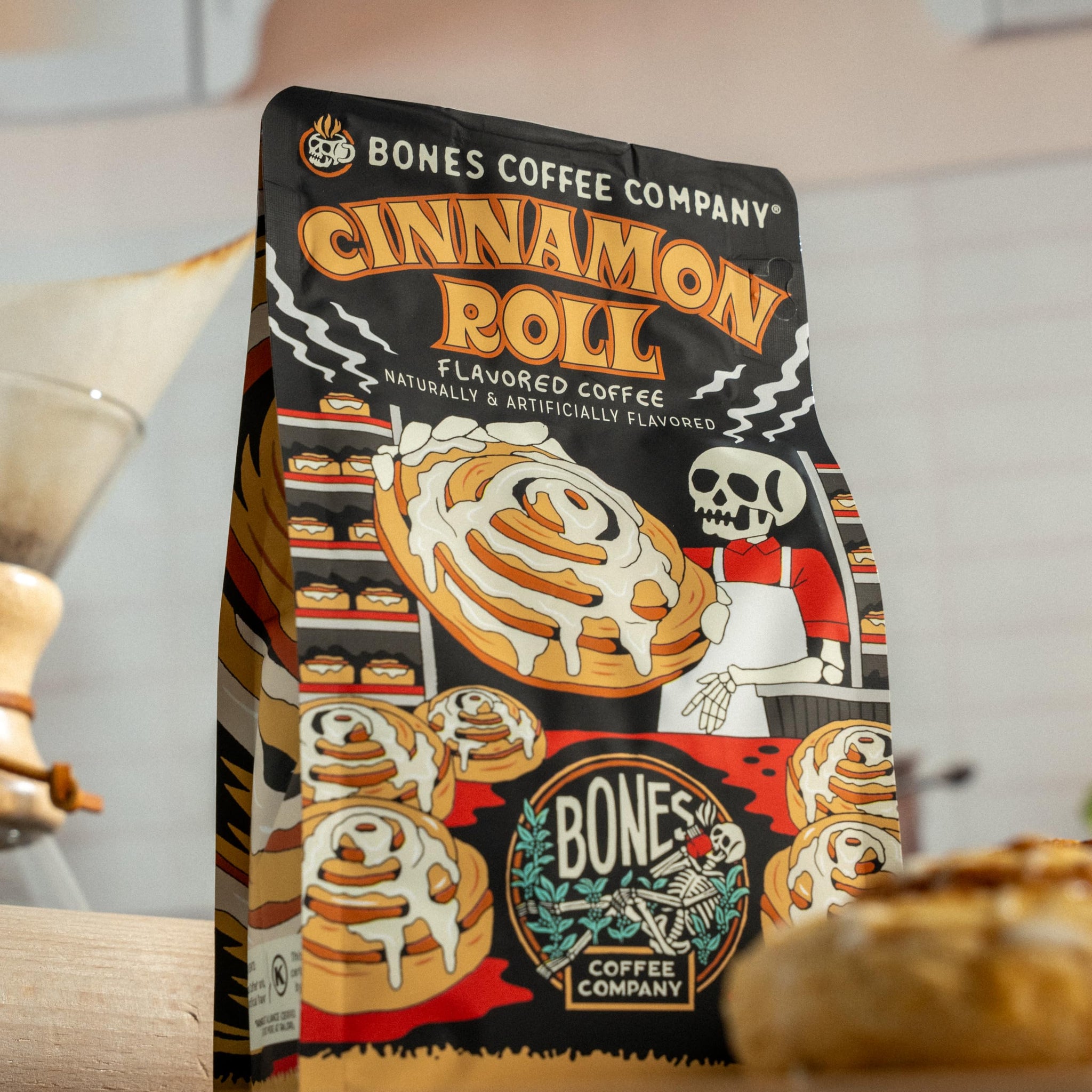 Bones Coffee Company Cinnamon Roll Flavored Coffee, Medium Roast Low Acid Arabica Beans Compatible with Auto drip and French Press Coffee Maker, 12 Oz