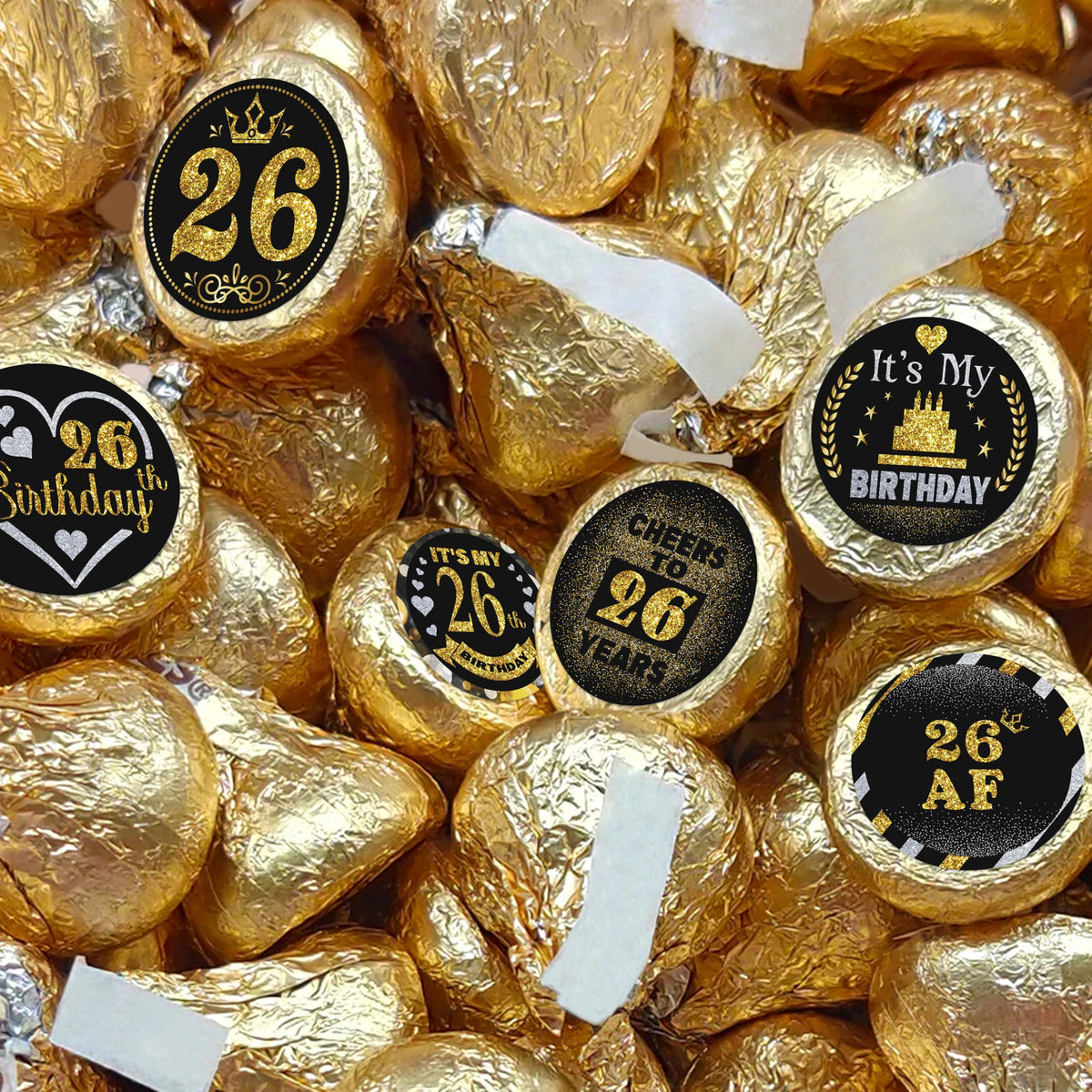26 Years Old Round Candy Sticker - 26th Birthday Party Decor-Black Gold - Round Candy Sticker Party Favors - Labels Fit Chocolate Candy.5 Sheet of 150