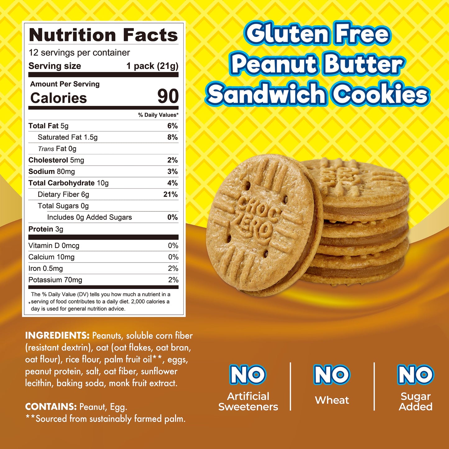 ChocZero Peanut Stackers Sandwich Cookies - Gluten Free, No Added Sugar, Keto Friendly Cookies with Peanut Butter Crème, 24 Cookies, 9 oz Box