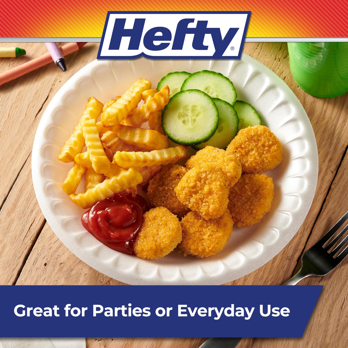 Hefty Everyday Soak Proof Disposable Foam Plates, 8.9 Inches, 100 Count, Disposable White Plates for Lunch, Salads, and Appetizers, Great for Everyday