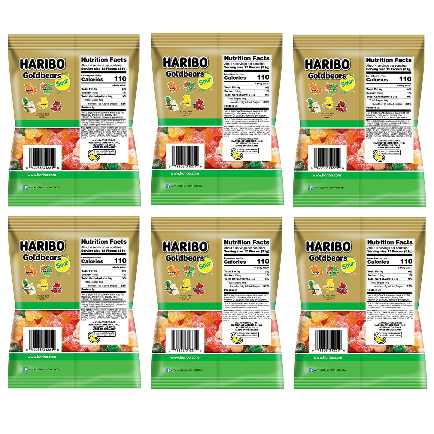 Haribo Sour Goldbears Pack of 6 (4.5oz Bags) Gummi Candy Peg Bag for Movie Nights, Halloween, Easter, and More in a King of Sweets Bulk Bag
