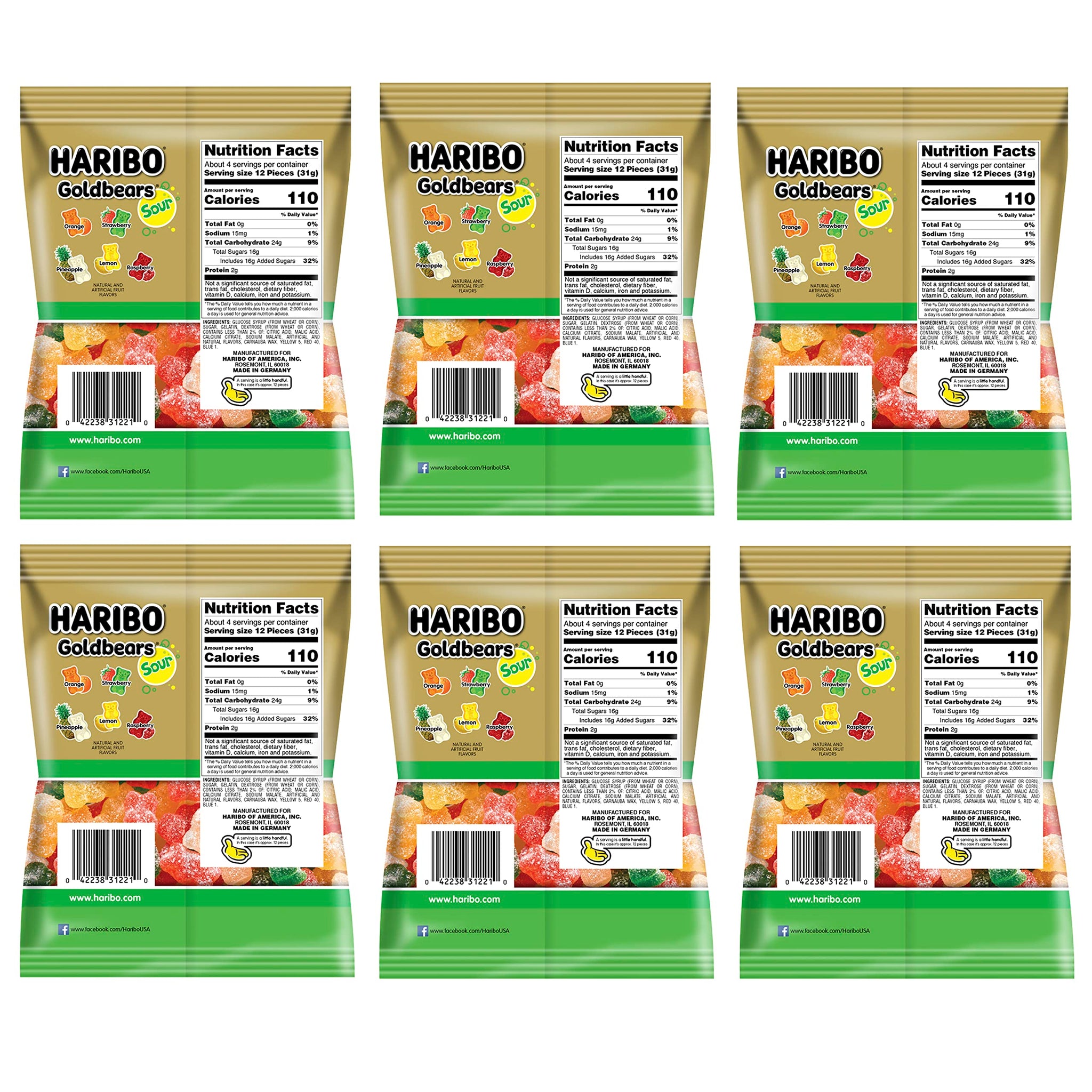 Haribo Sour Goldbears Pack of 6 (4.5oz Bags) Gummi Candy Peg Bag for Movie Nights, Halloween, Easter, and More in a King of Sweets Bulk Bag