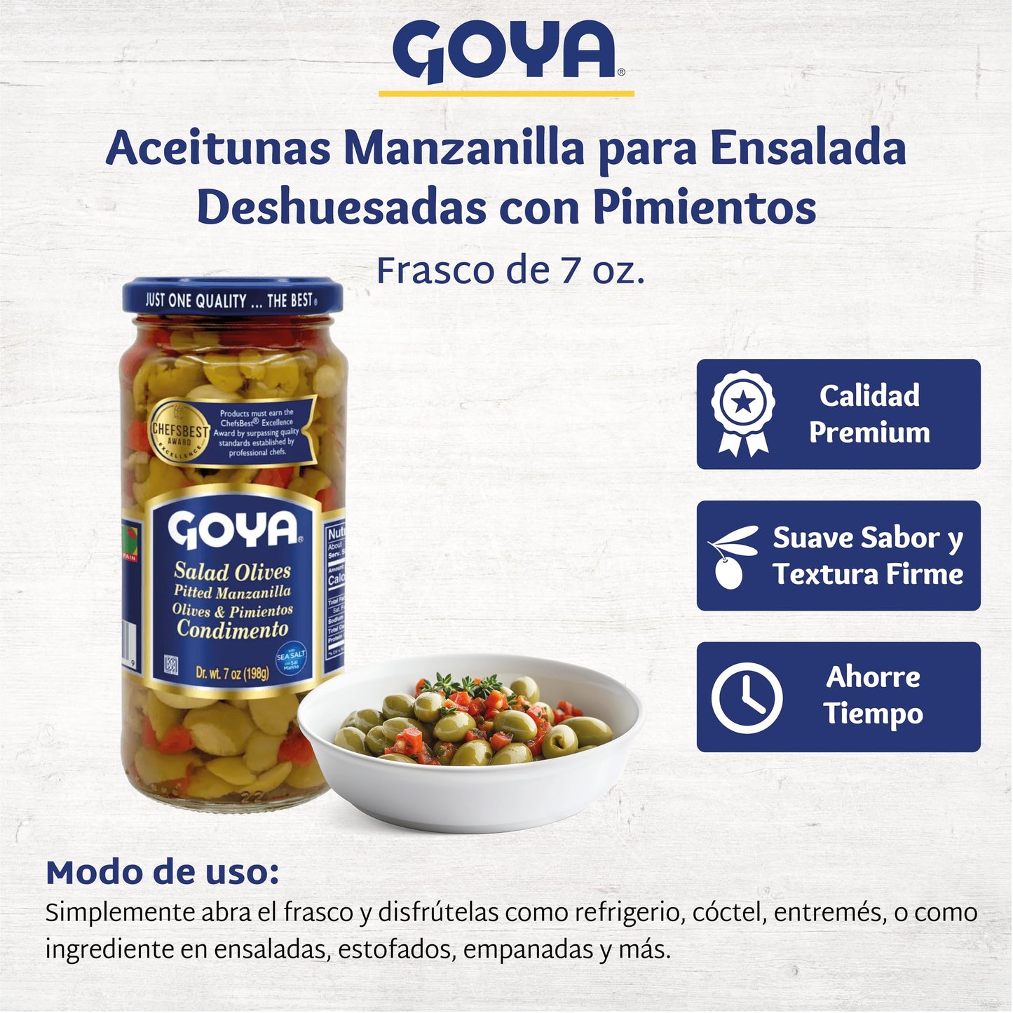 Goya Salad Olives, Pitted Manzanilla Spanish Olives with Pimientos, Tangy, Flavorful for Cocktails, Tapas, Salads, and Snacking, 2-Pack (7 oz Jars)