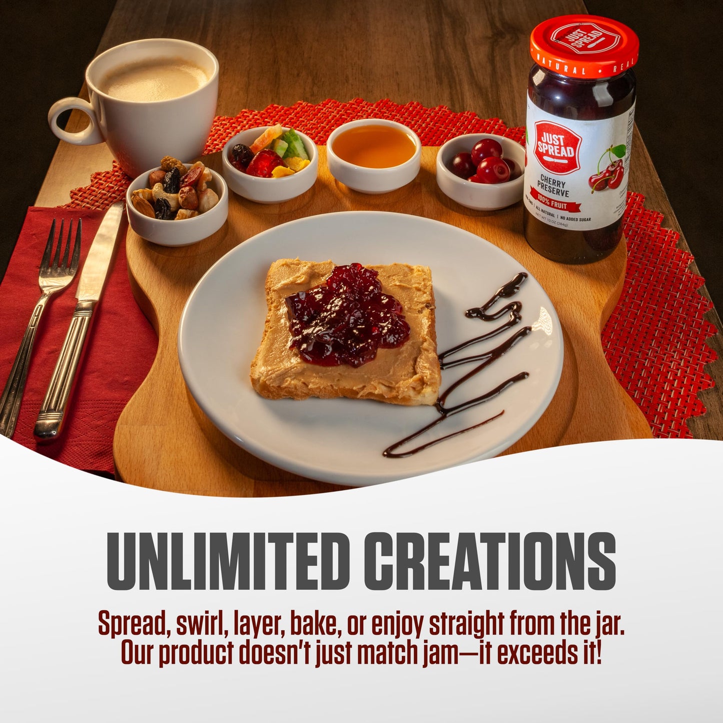 Just Spread 100% Fruit Preserve | Made with Real Fruit Pieces & Only 4 Ingredients | Gluten Free, Vegan, Non GMO, No Added Sugar | 10oz Jar (Cherry)