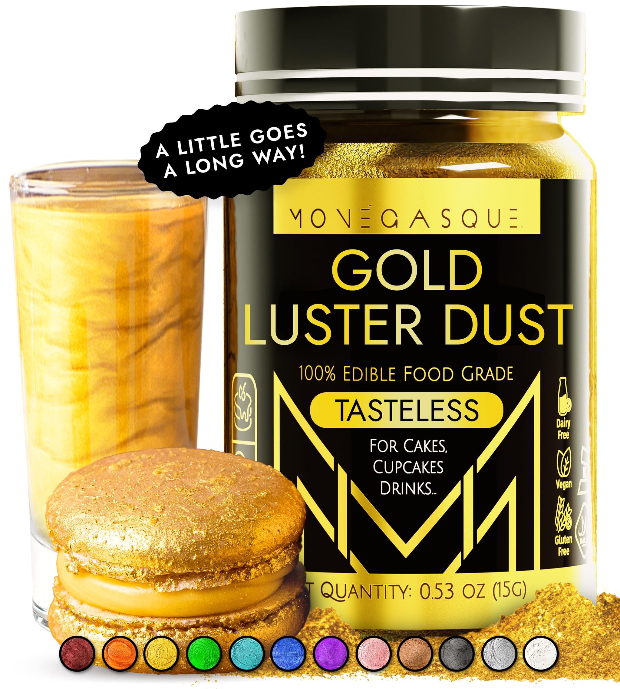 MONÉGASQUE Gold Edible Glitter for Drinks 15g - Edible Glitter for Cakes & Cocktails - Gold Luster Dust for Cocktail, Father's Day Cake Topper, Food