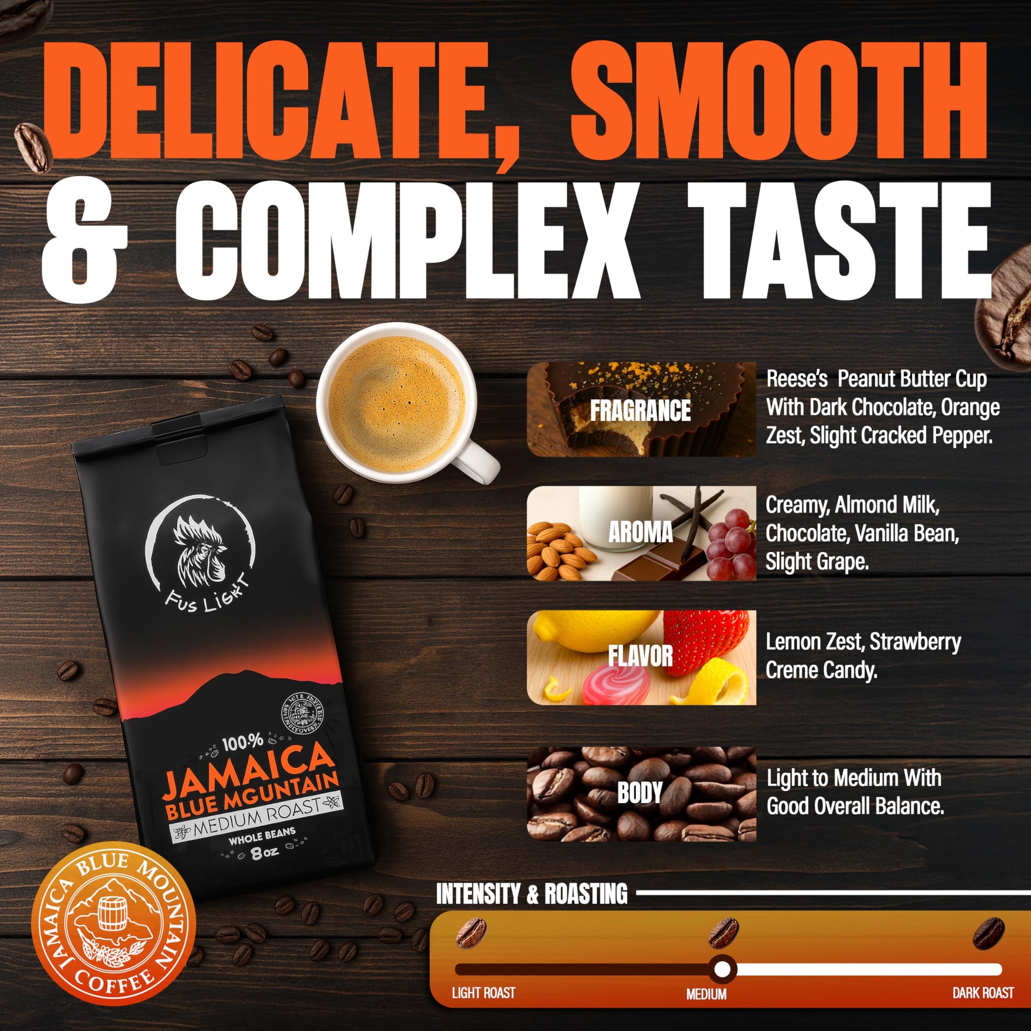 Fus Light 100% Genuine Blue Mountain Coffee from Jamaica | Medium Roast Arabica Whole Beans | Farm to Cup Control | JACRA Certified Authentic Jamaican