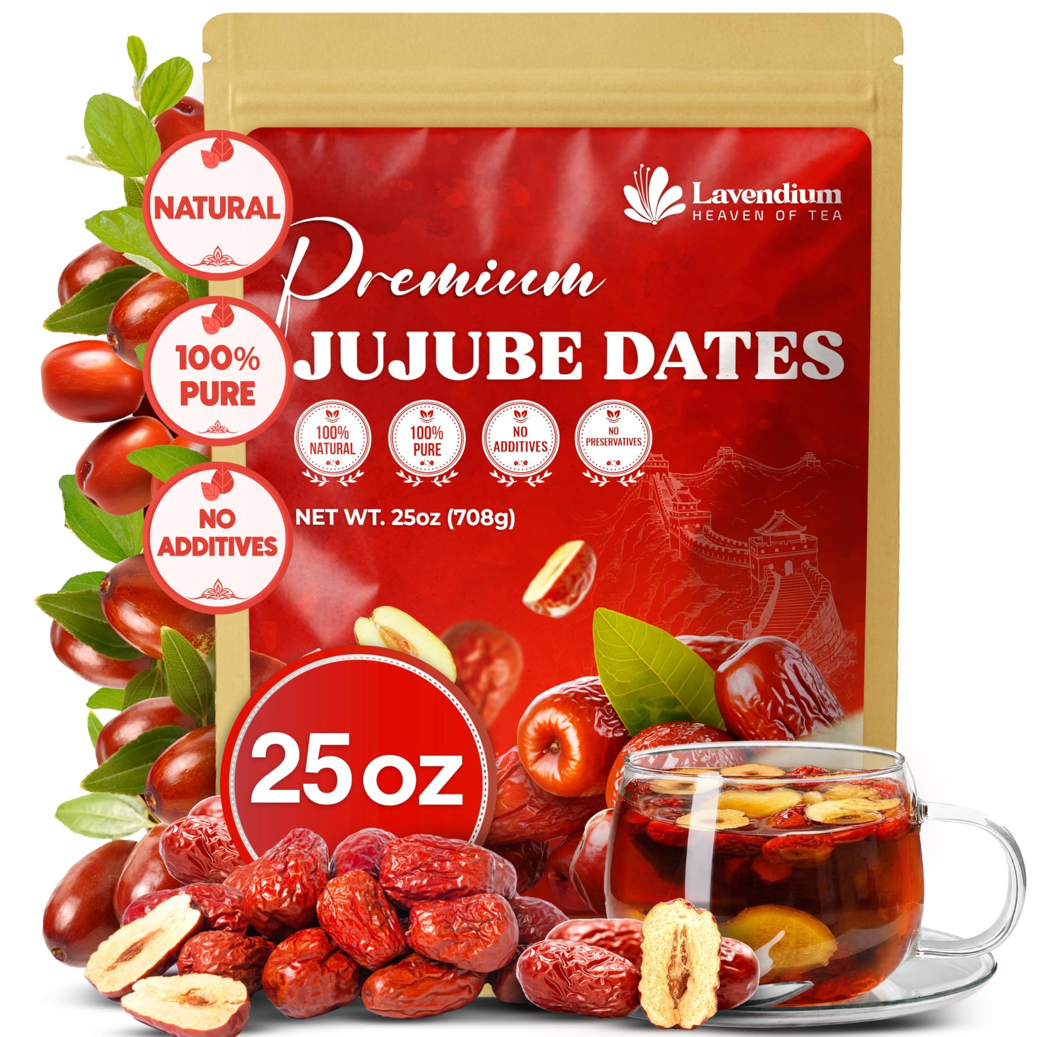 Lavendium, Premium 25oz Dried Jujube Dates, 100% Natural & Pure Red Dates, No Additives or Preservatives, Non-GMO, Gluten-Free, Plant-Based & Vegan