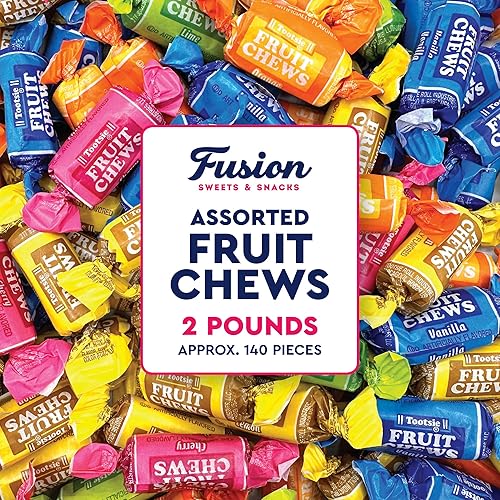 Fruit Chews Candy - 2 Pounds Bulk Bag (Approx. 140 Pieces), Fruit Chews Rolls, 5 Assorted Flavors, Soft & Fruity Taffy Candy, Individually Wrapped