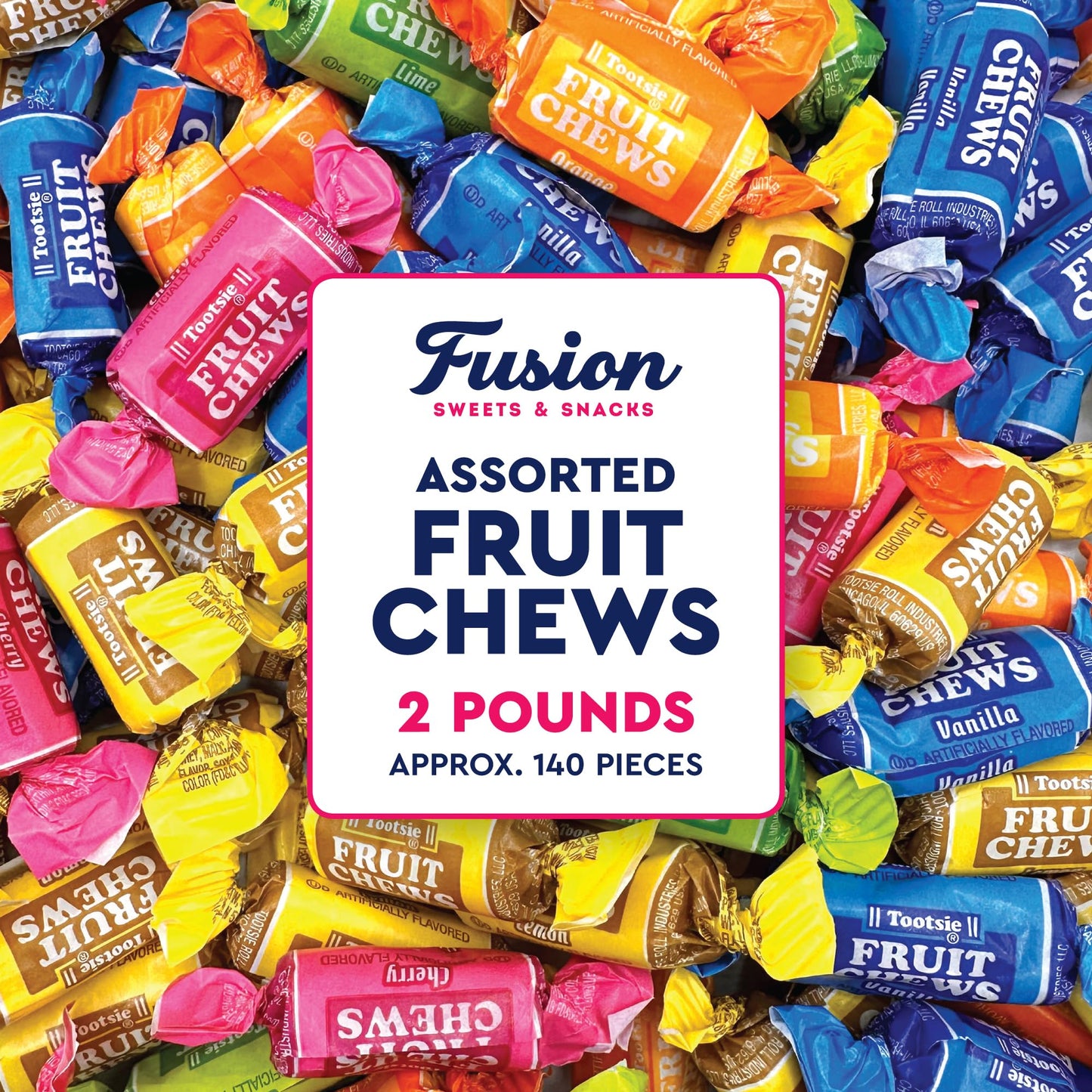 Fruit Chews Candy - 2 Pounds Bulk Bag (Approx. 140 Pieces), Fruit Chews Rolls, 5 Assorted Flavors, Soft & Fruity Taffy Candy, Individually Wrapped