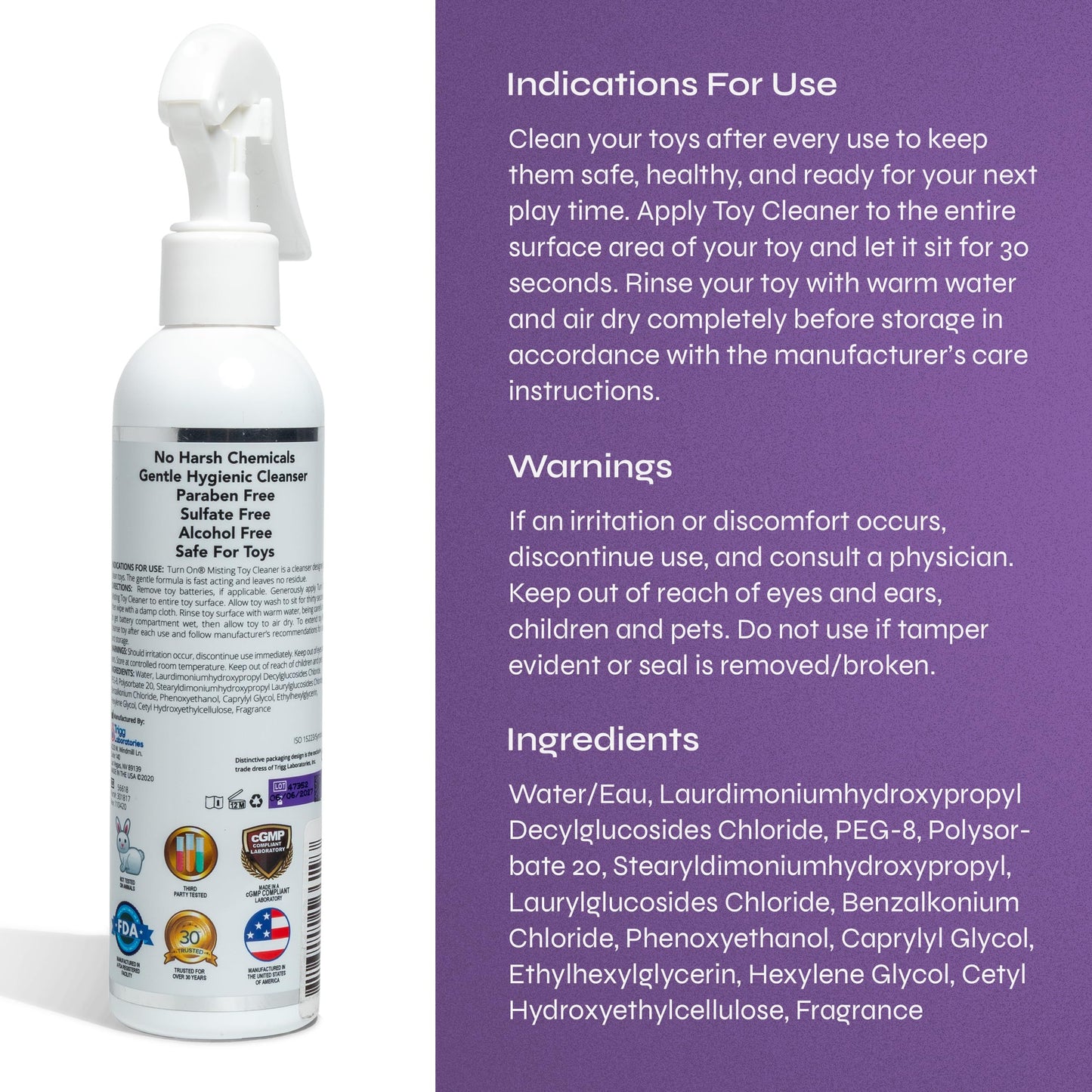 Turn On Hygienic Misting Toy Cleaner, 8 Ounce All Purpose Alcohol Free Gentle Cleansing Spray, No Harsh Chemicals Safe for All Toys and Surfaces