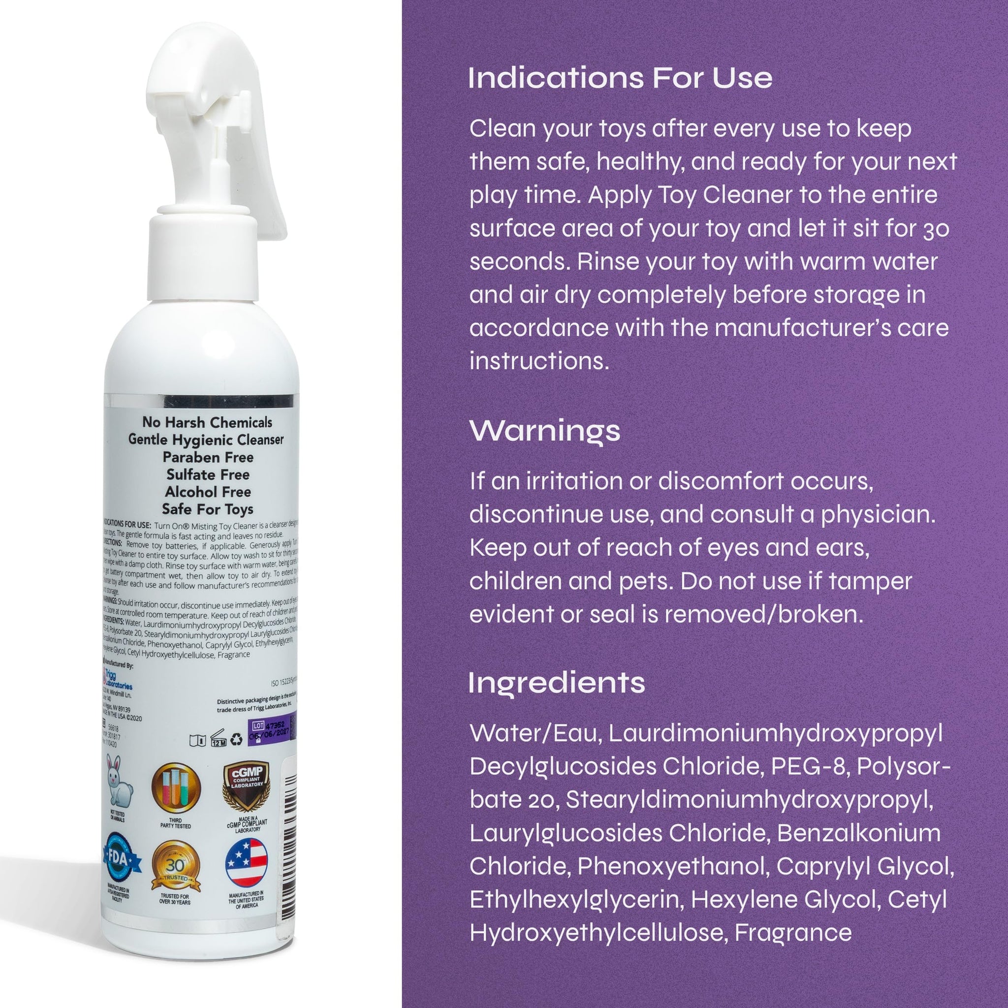 Turn On Hygienic Misting Toy Cleaner, 8 Ounce All Purpose Alcohol Free Gentle Cleansing Spray, No Harsh Chemicals Safe for All Toys and Surfaces