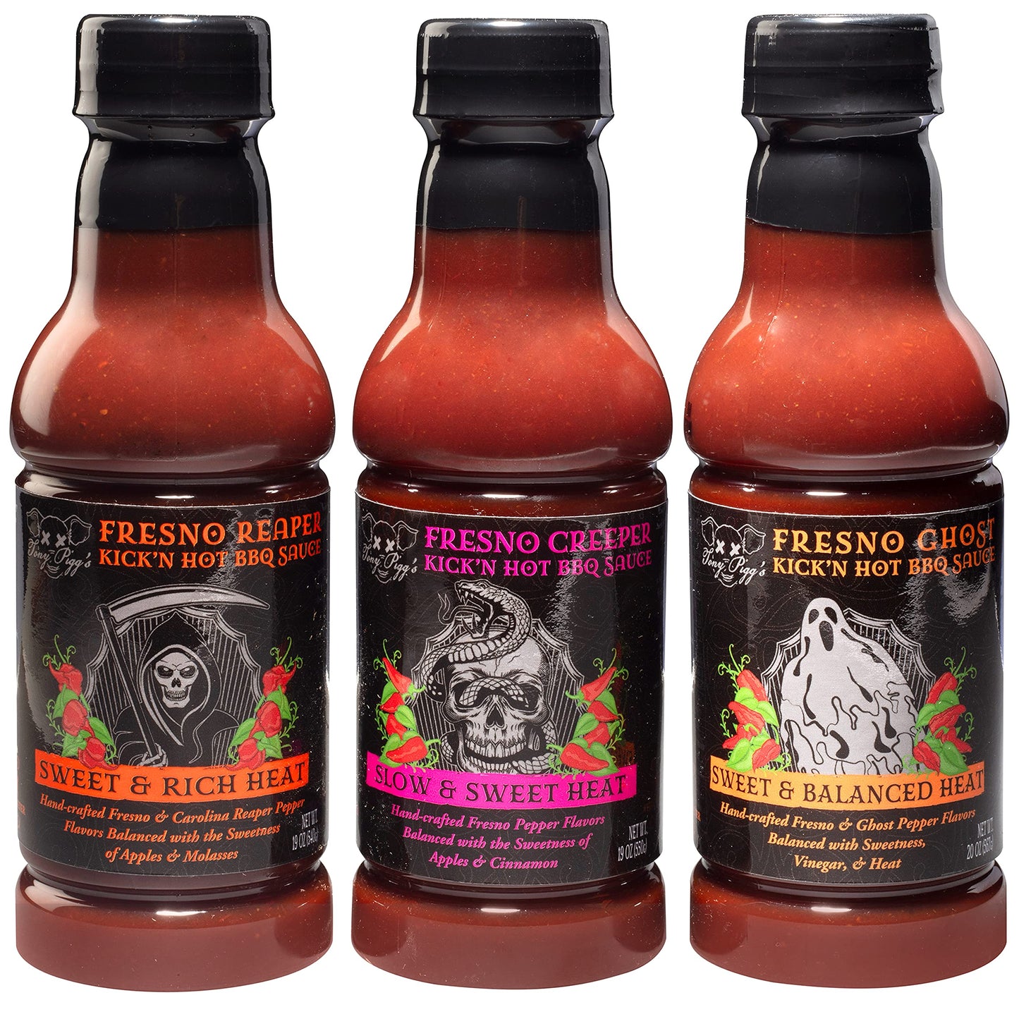 Tony Pigg's Kick'n Hot BBQ Sauce Variety Pack (3 pk, 19oz ea- Fresno Reaper, Ghost, Creeper) - Hand Crafted Barbecue Sauce w Fresh Pepper Heat - Great