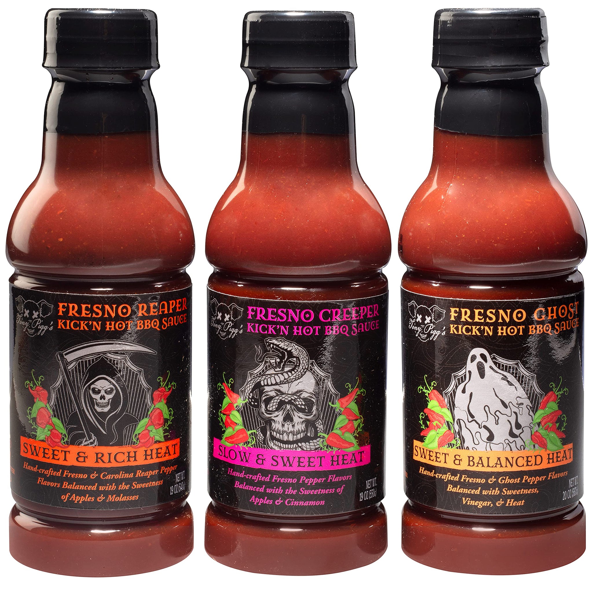 Tony Pigg's Kick'n Hot BBQ Sauce Variety Pack (3 pk, 19oz ea- Fresno Reaper, Ghost, Creeper) - Hand Crafted Barbecue Sauce w Fresh Pepper Heat - Great