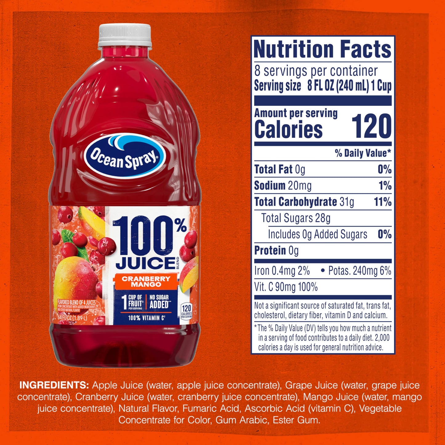 Ocean Spray® 100% Juice Cranberry Mango Juice Blend, 64 Fl Oz Bottle
