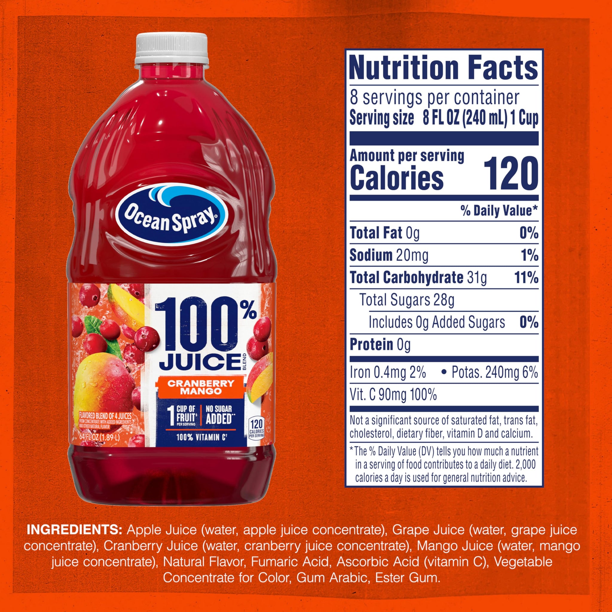 Ocean Spray® 100% Juice Cranberry Mango Juice Blend, 64 Fl Oz Bottle