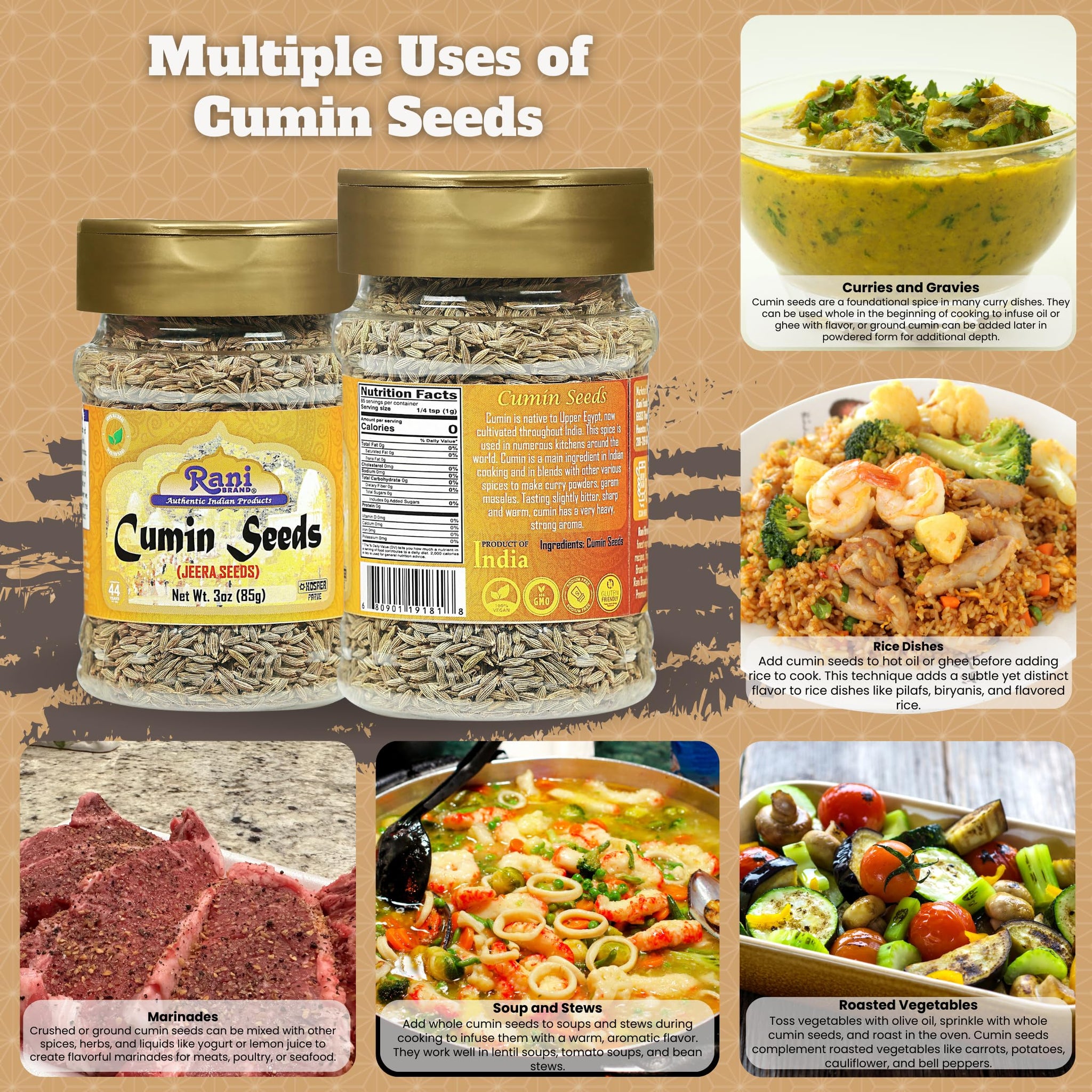 Rani Cumin Seeds Whole (Jeera) Spice 3oz (85g) PET Jar ~ All Natural | Gluten Friendly | NON-GMO | Kosher | Vegan | Indian Origin