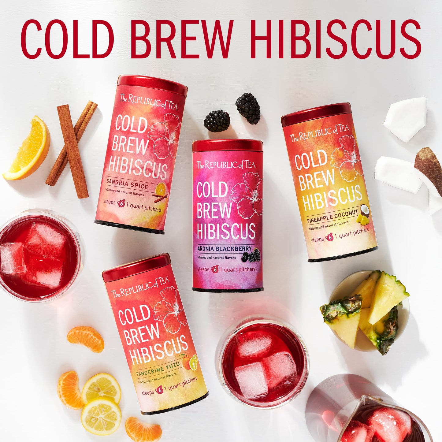 The Republic of Tea - Cold Brew Hibiscus Aronia Blackberry Iced Tea, Large Herbal Iced Tea Pouches, Steeps Six One-Quart Pitchers