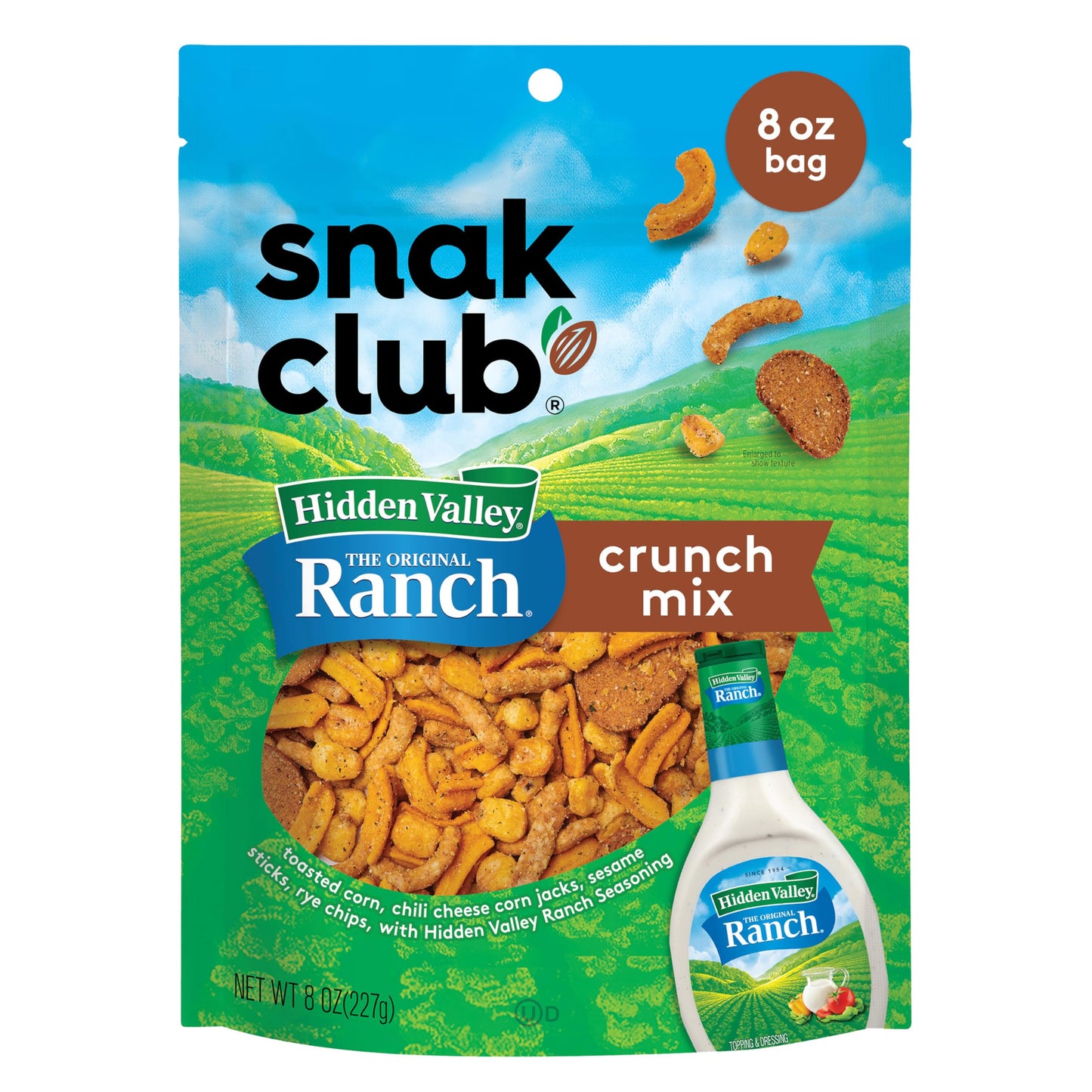 Snak Club Crunch Mix with Hidden Valley Ranch Seasoning, Toasted Corn, Chili Cheese Corn Jacks, Sesame Sticks, and Rye Chips, Kosher Snack, 8 oz