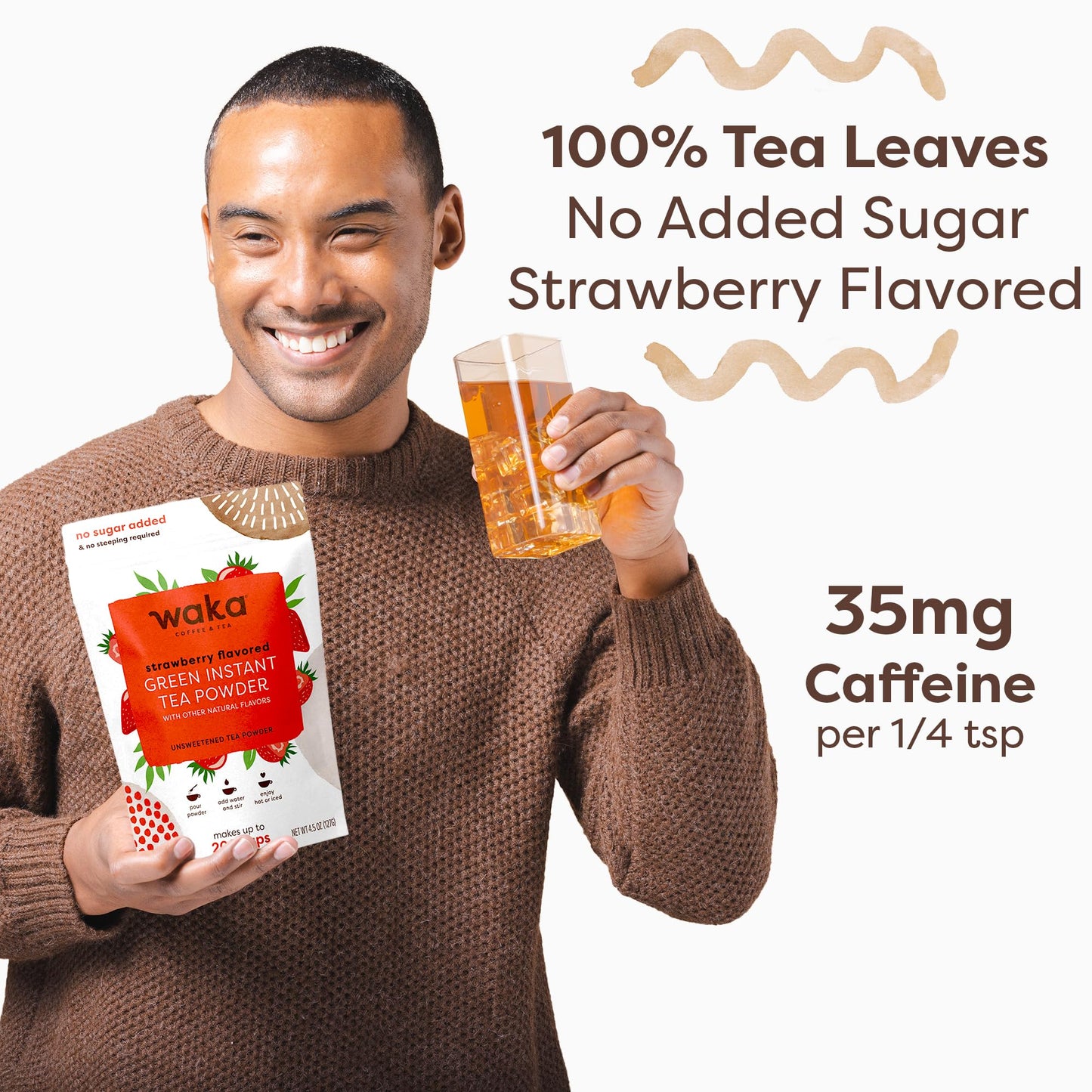 Waka Instant Green Tea Mix, Strawberry Flavored - 100% Tea Leaves, No Additives, Unsweetened Tea Powder in Bulk Pouch - Easy Quick Hot and Iced Teas
