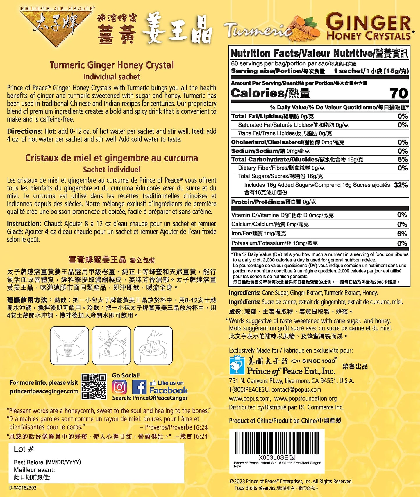Prince of Peace Instant Ginger Honey Crystals with Turmeric, Value Pack 60 Sachets - Instant Hot or Cold Beverage Easy to Brew - Drink Like a Tea