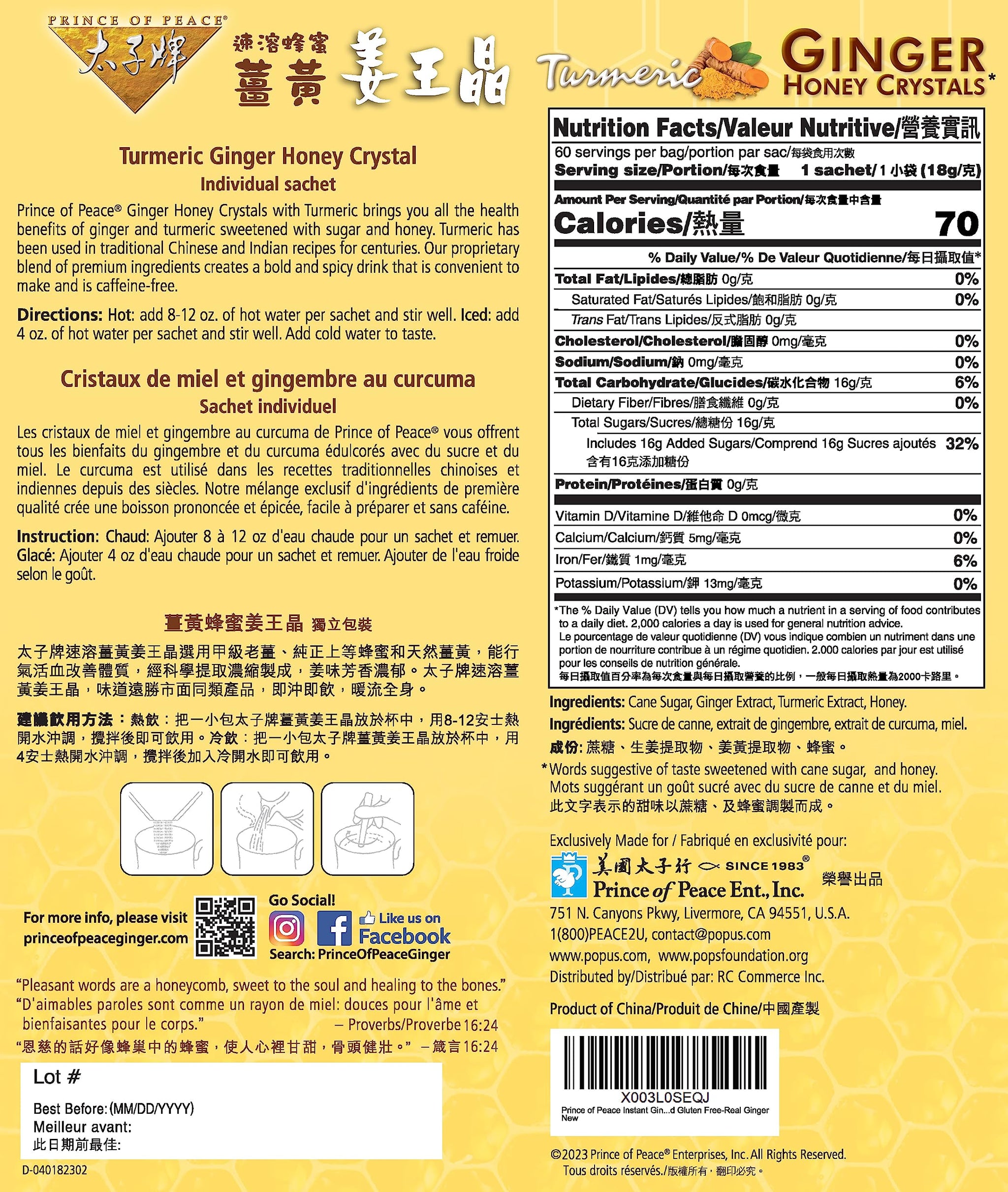 Prince of Peace Instant Ginger Honey Crystals with Turmeric, Value Pack 60 Sachets - Instant Hot or Cold Beverage Easy to Brew - Drink Like a Tea