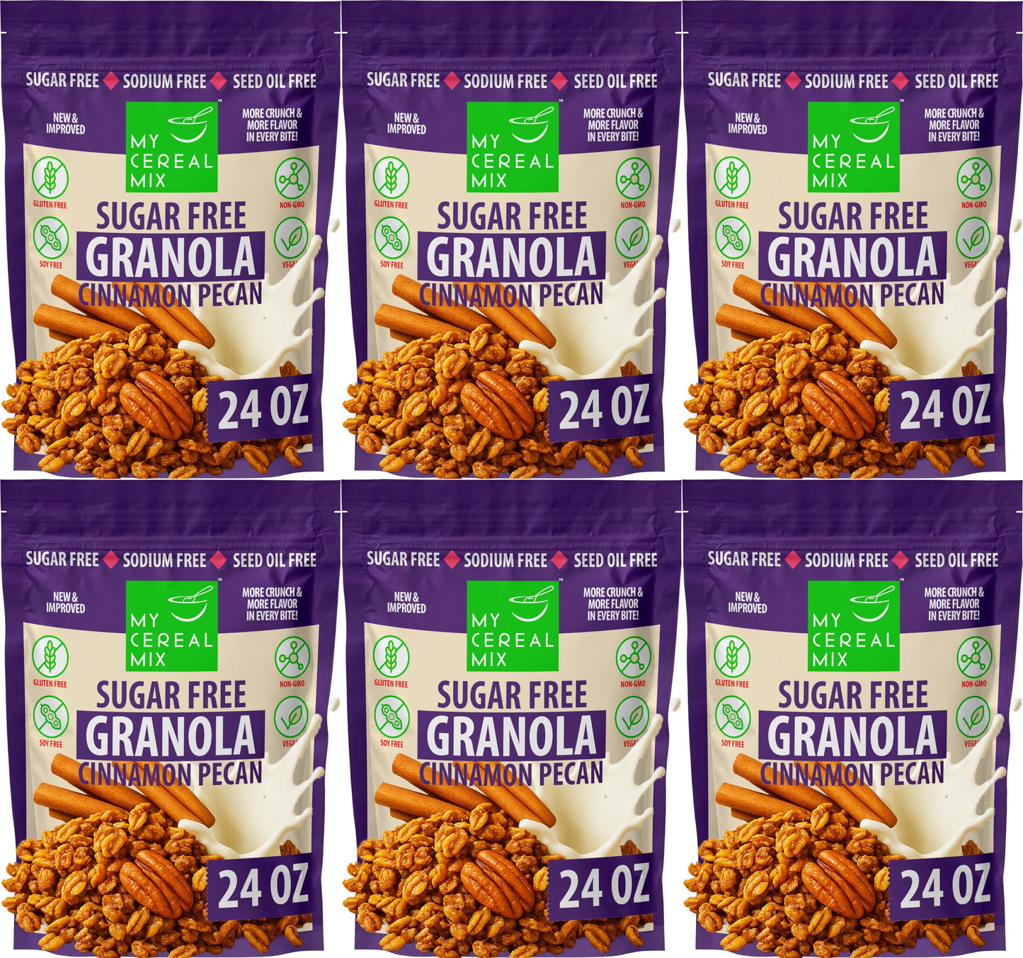 MyCerealMix Cinnamon Pecan Sugar-Free Granola, 6-Pack of 24 oz Bags (144 oz Total) - Keto & Diabetic-Friendly, Plant-Based, No Added Sugar, Allulose