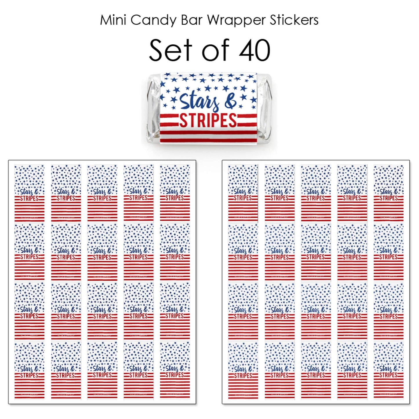 Stars and Stripes - 4th of July Mini Candy Bar Wrapper Stickers - 40pc