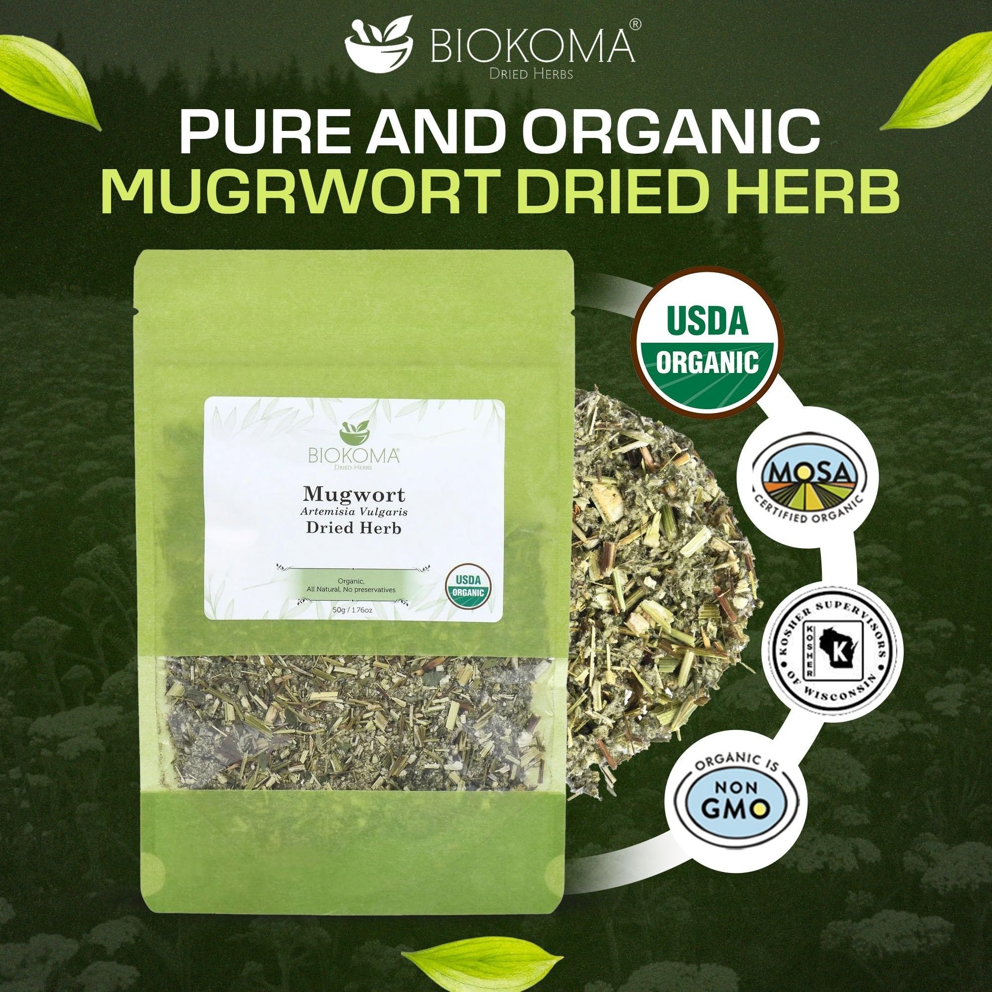 Biokoma Organic Mugwort Dried Herb 50g 1.76oz Artemisia vulgaris USDA Organic Herbal Tea Premium Cut Aromatic Leaves Lucid Dreaming Bath Resealable