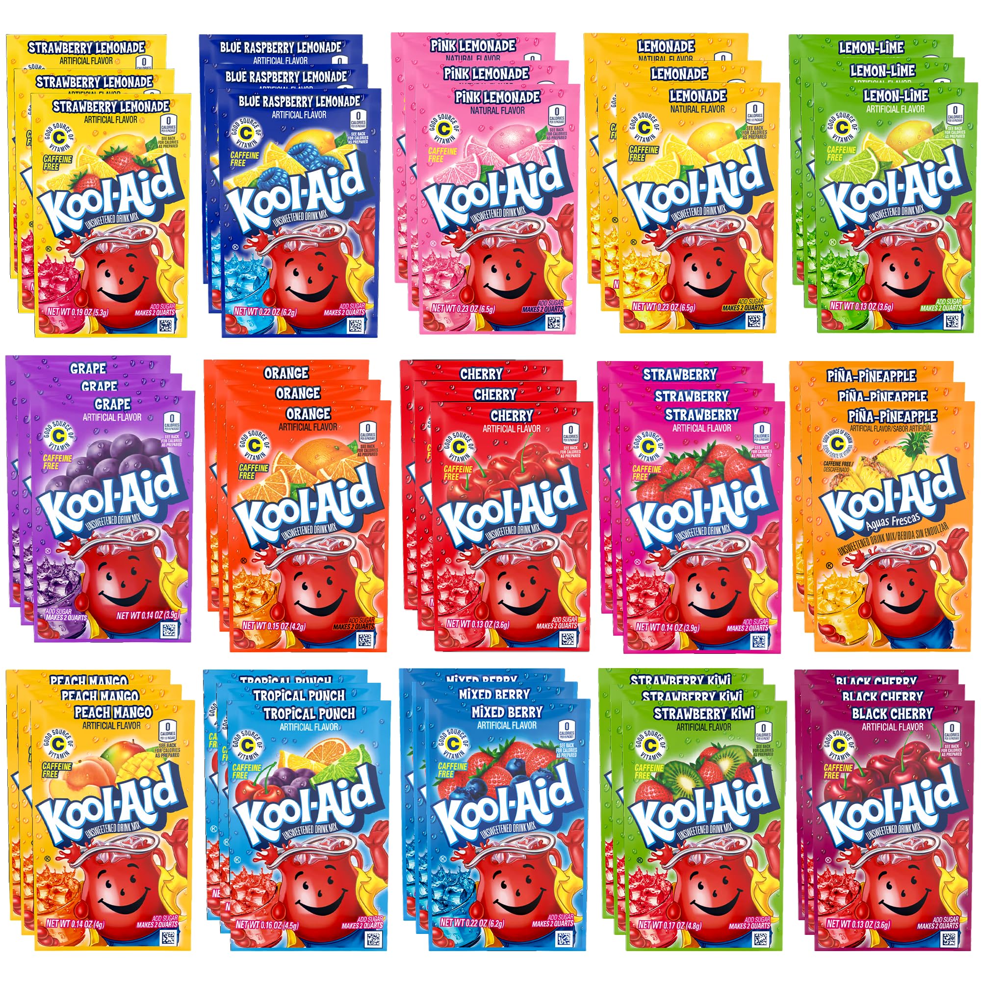 Classic Drink Mix Packets Variety 45 Pack- Includes 3 Mix Packets Each of 15 Flavors- Cherry, Lemonade, Orange, Tropical Punch, Black Cherry, Peach