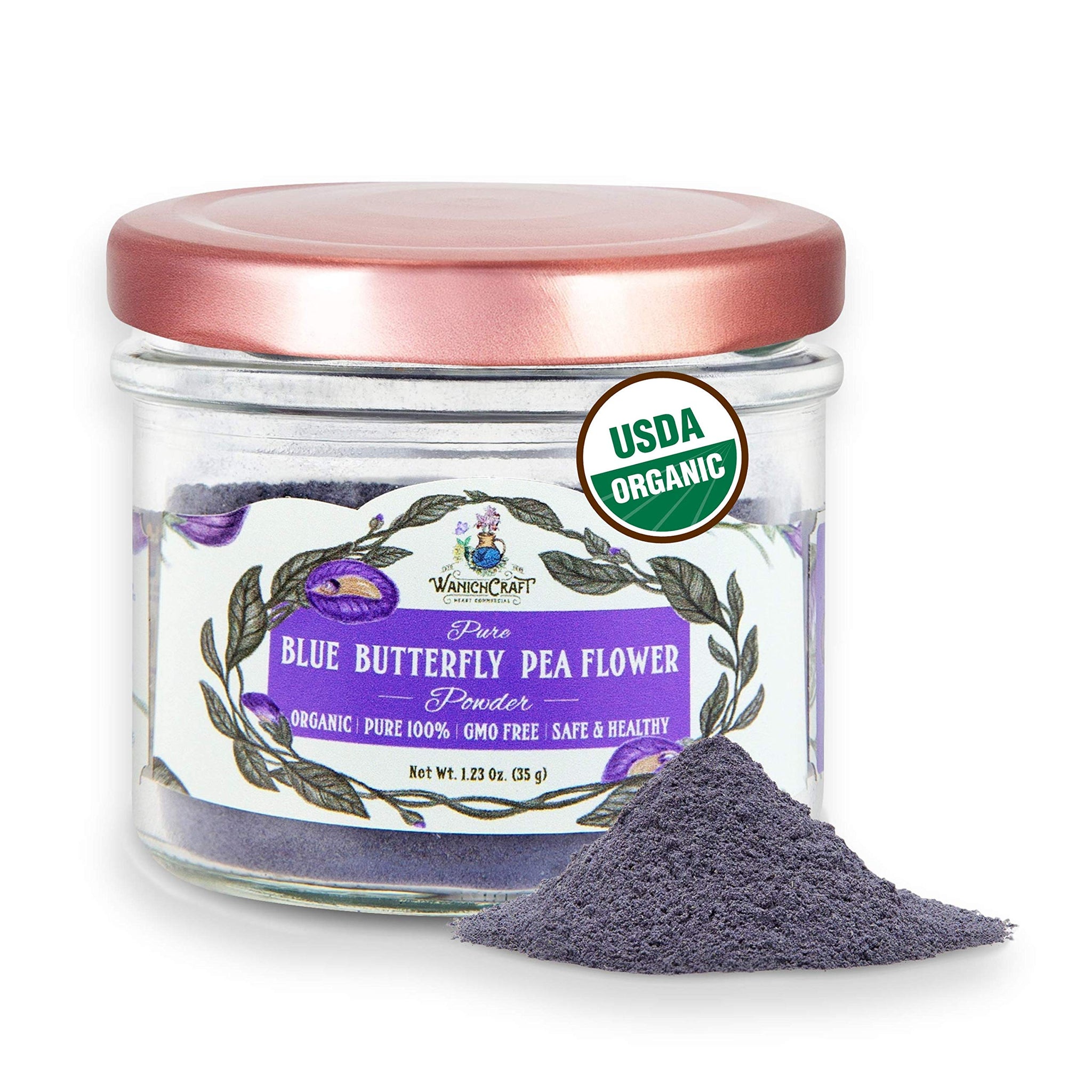 Butterfly Pea Flower Powder Blue Matcha Tea | 100% USDA Organic | CULINARY GRADE | NON GMO | Plant-Based Colors | Glass Jar | 1.23 Oz. (Powder 35g
