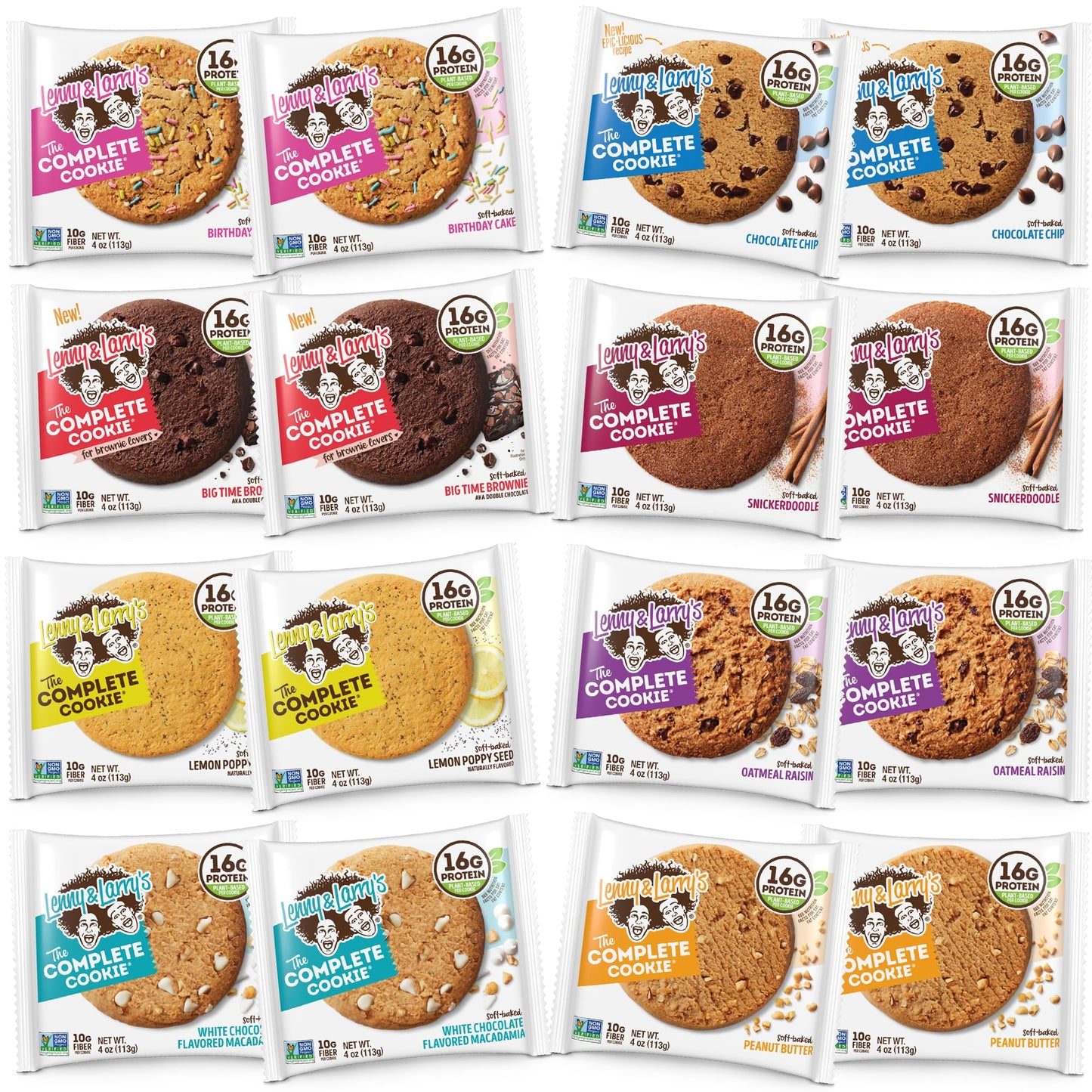 Lenny & Larry's Complete Protein Cookie, [8 Flavor Variety], Chewy Soft Baked, 16g Plant Protein, Vegan, Non-GMO, High Fiber, 4 Ounce Cookie (Pack